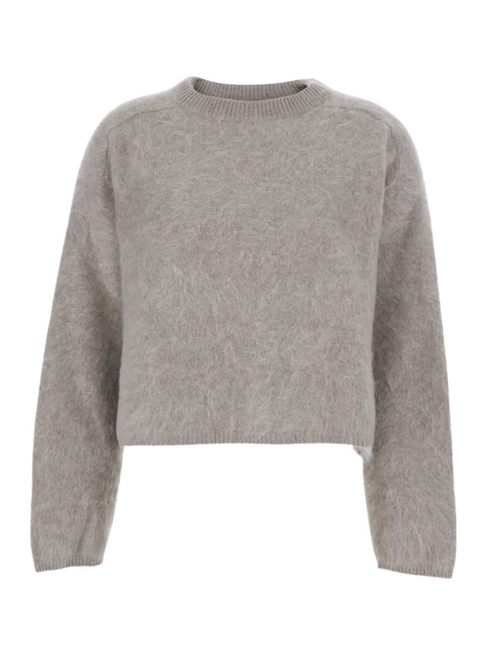 Goat Grey Cropped Crewneck Sweater With Brushed Effect In Cashmere Woman In Gray