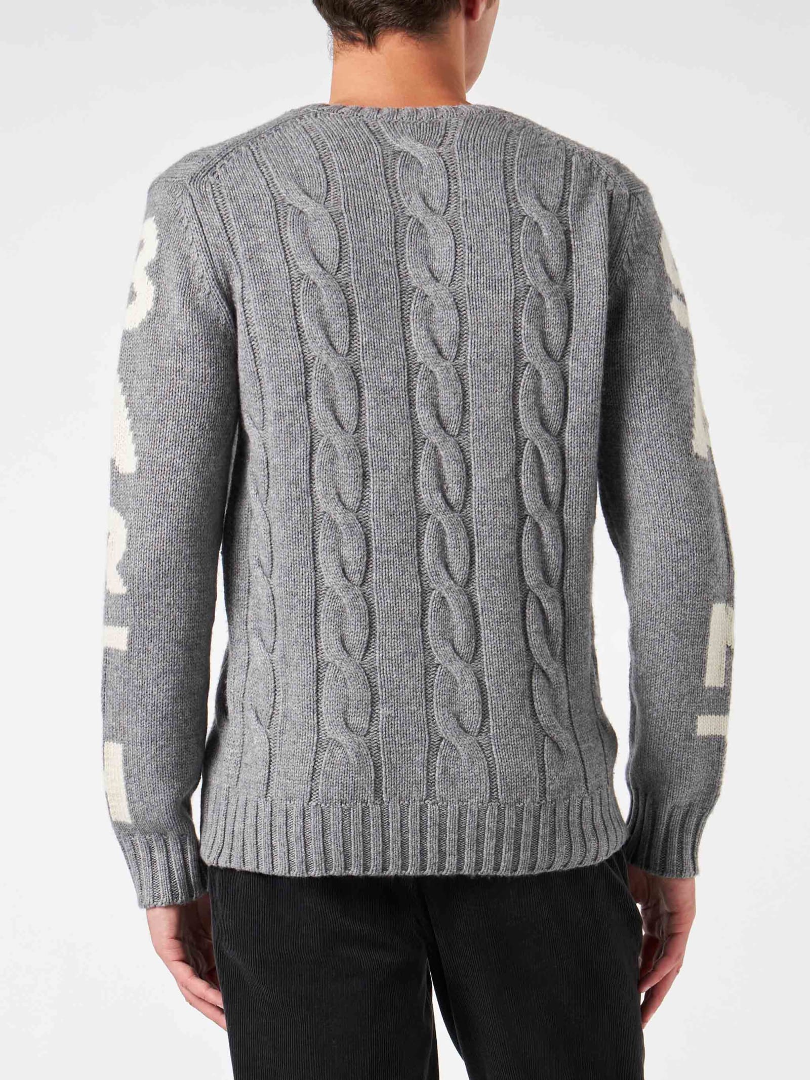 Mc2 Saint Barth Man Heavyweight Creweneck Braided Grey Sweater In Grey