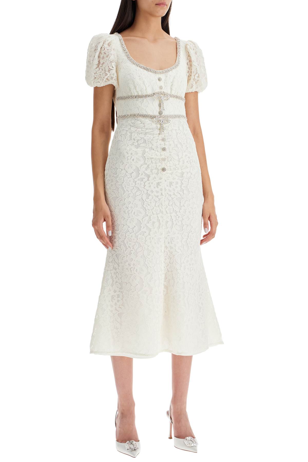 Shop Self-portrait Floral Lace Midi Dress With Crystal Embell In White