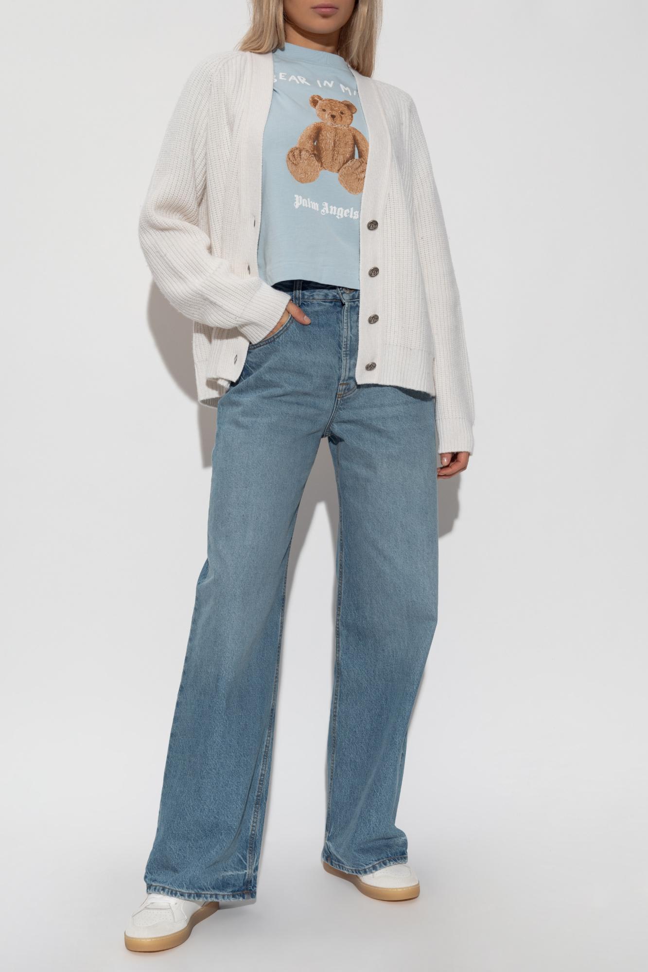 Palm Angels Long Sleeve V Neck Ribbed Knit Cardigan In Multi