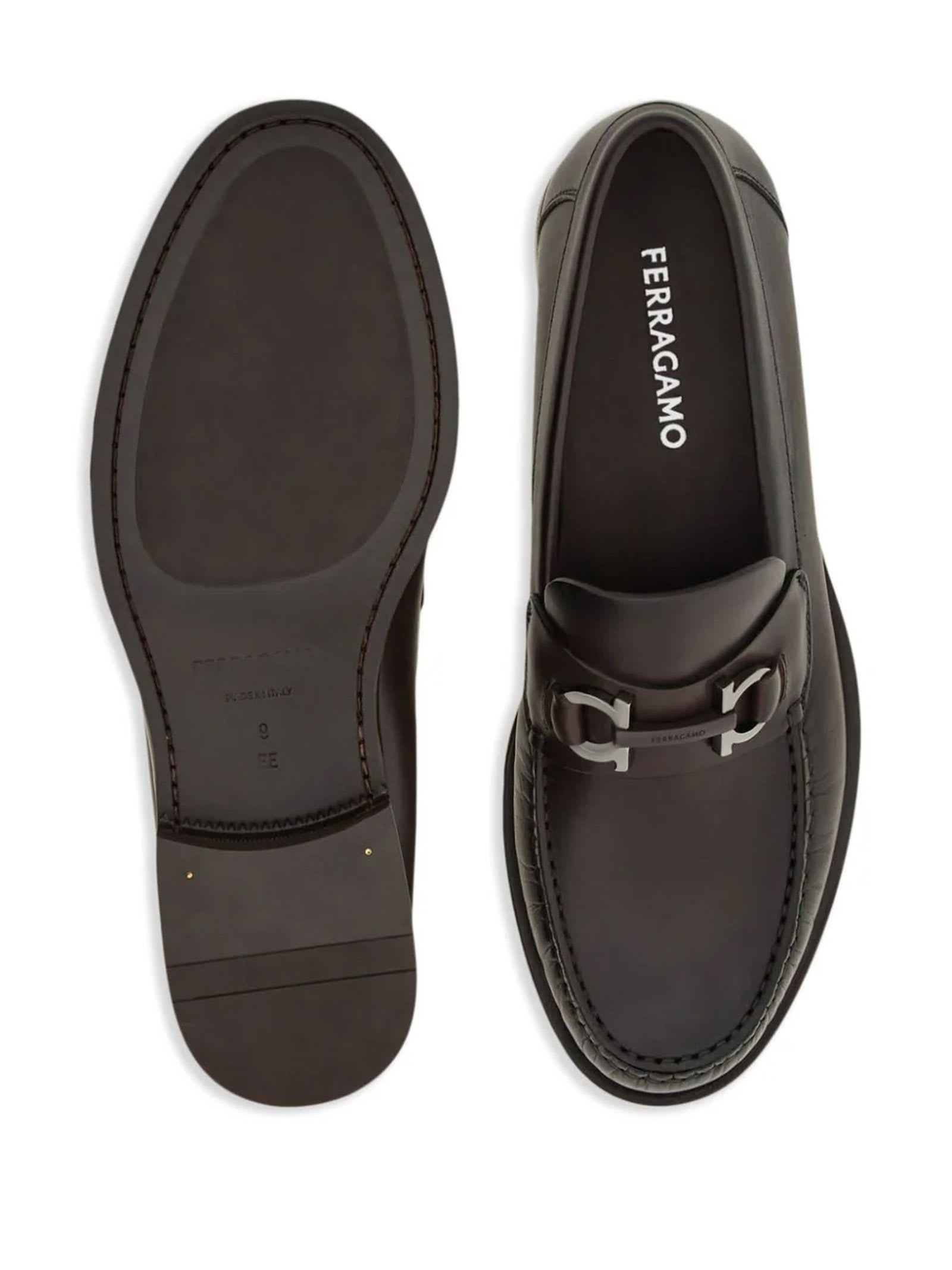 Shop Ferragamo Brown Calf Leather Gancini Loafers