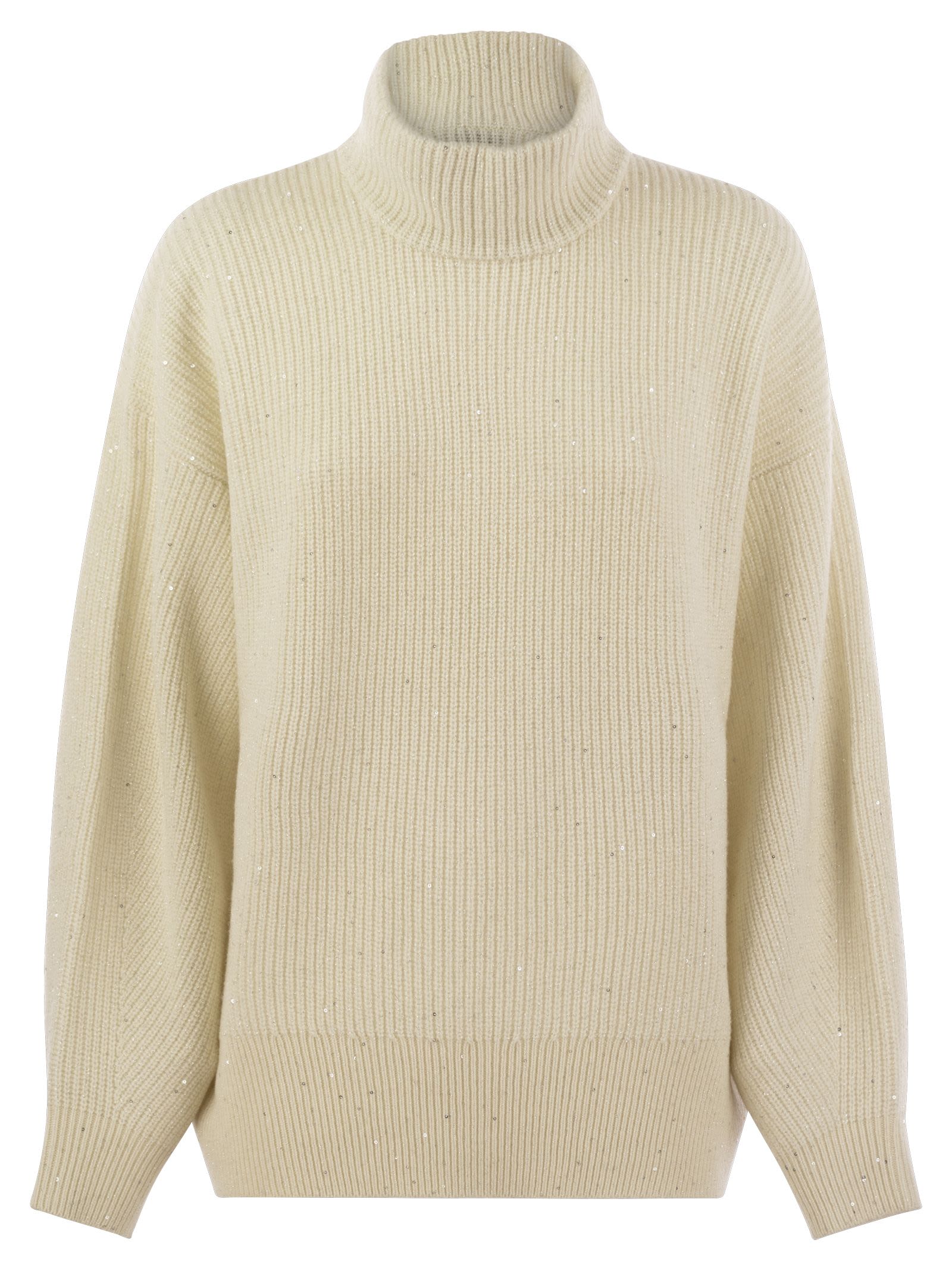 Shop Brunello Cucinelli Wool And Cashmere Rib Sweater With Sequins In Cream