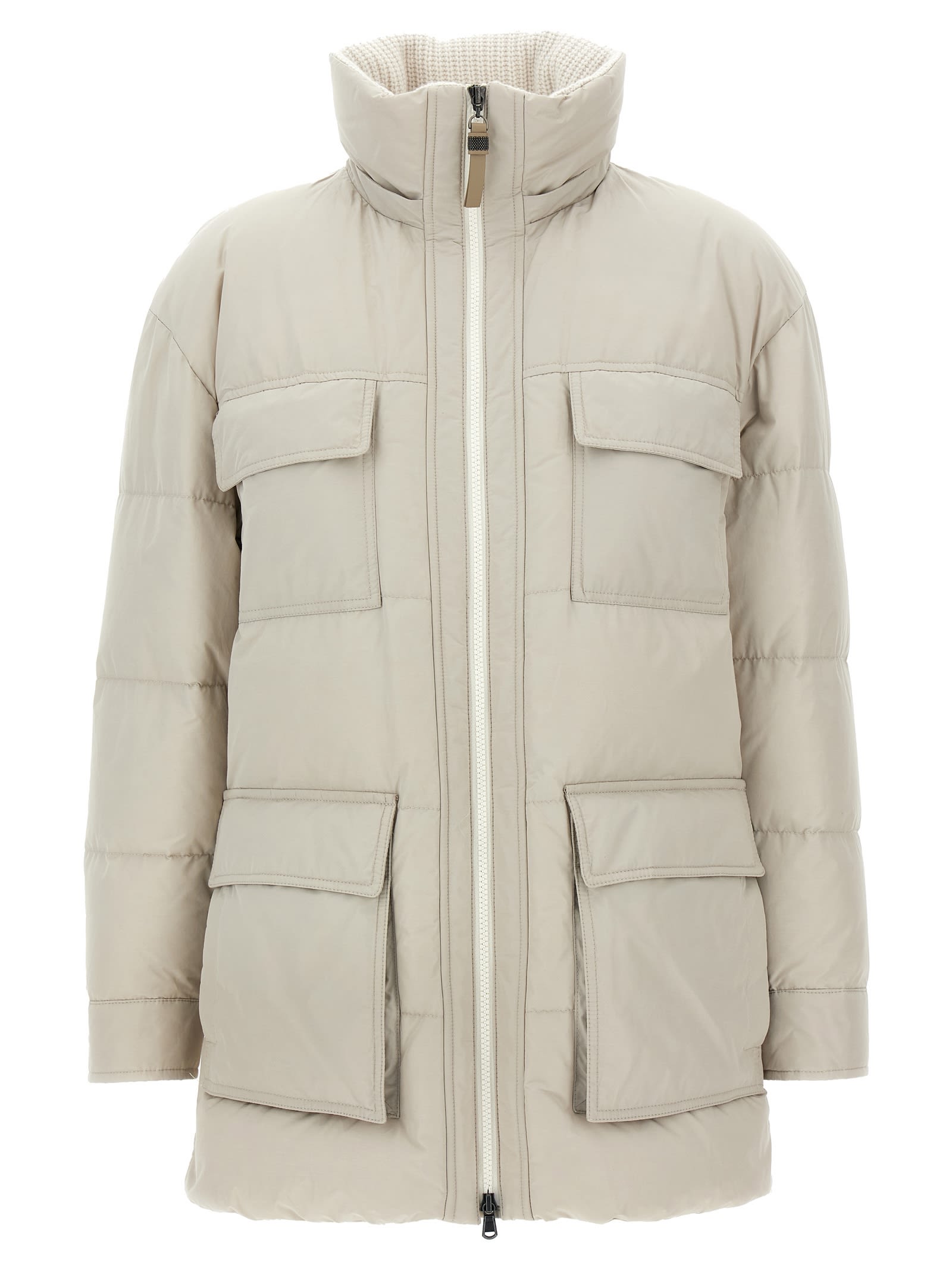 Brunello Cucinelli Knitted Neck Down Jacket Puffer Jackets Beige In White