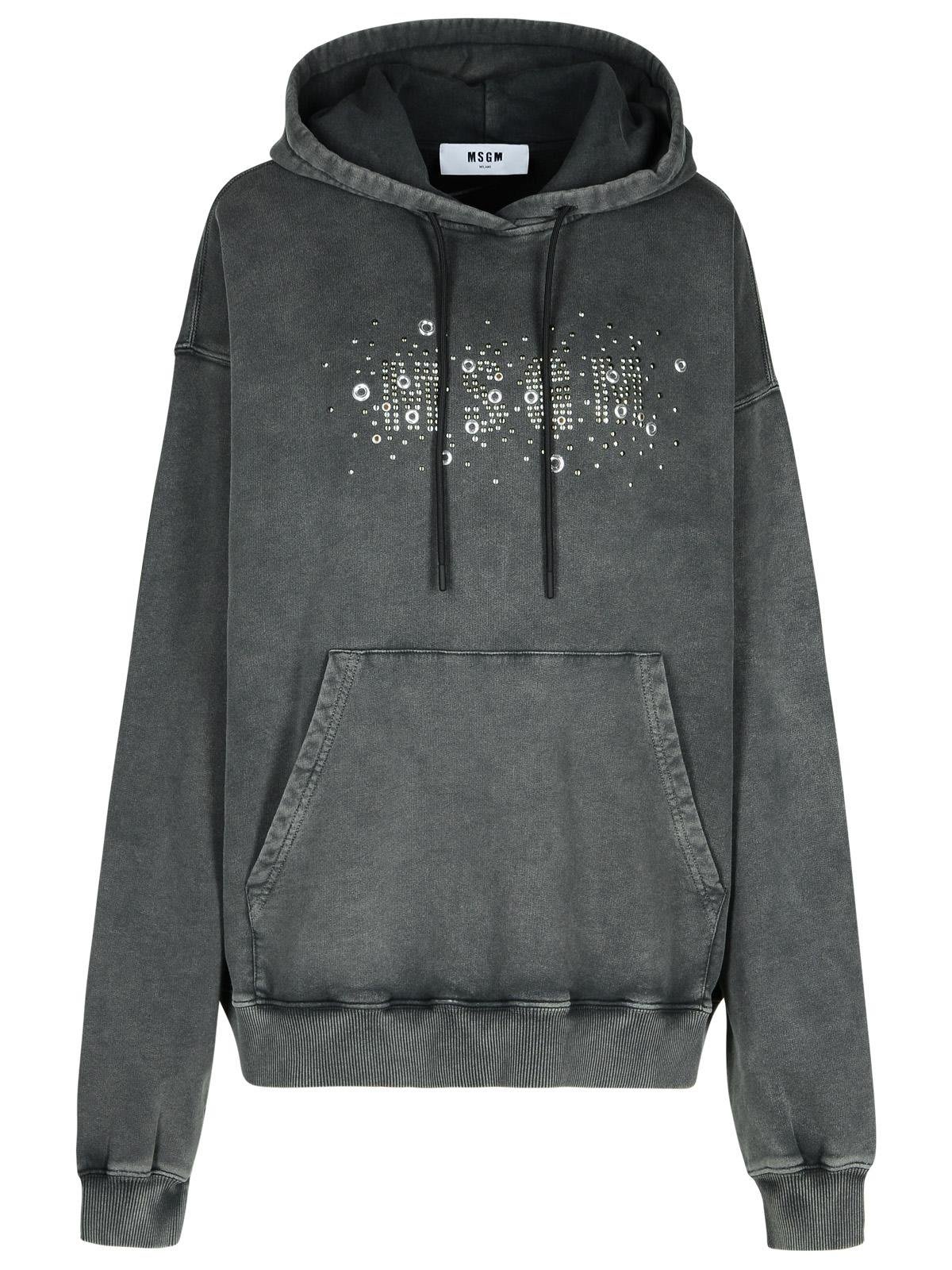 Shop Msgm Logo Stud Embellished Drawstring Hoodie In Nero