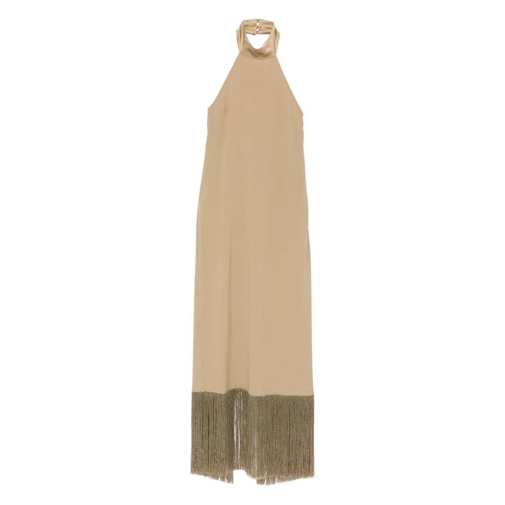 Taller Marmo Fringed-trim Halterneck Maxi Dress In Neutral