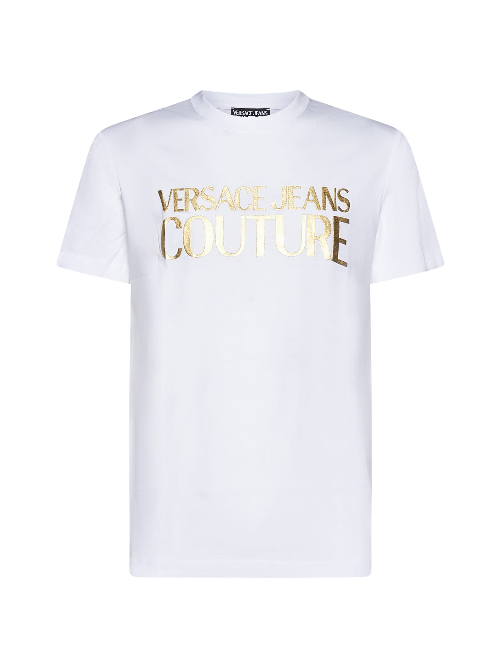 Versace Jeans Couture White Cotton T-shirt With Gold Lettering In White Gold