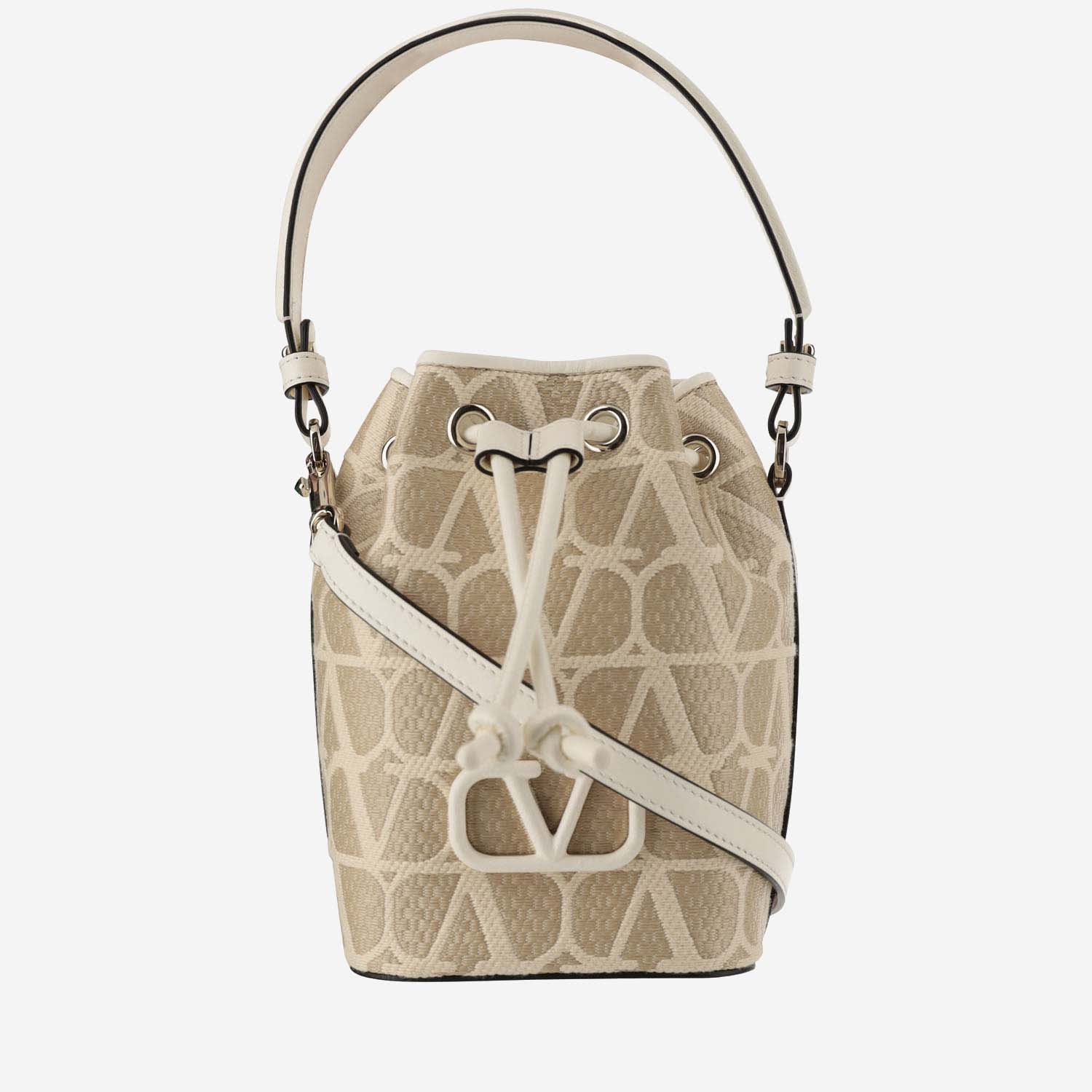 Shop Valentino Mini Vlogo Signature Bucket Bag In Iconographe Toile In White