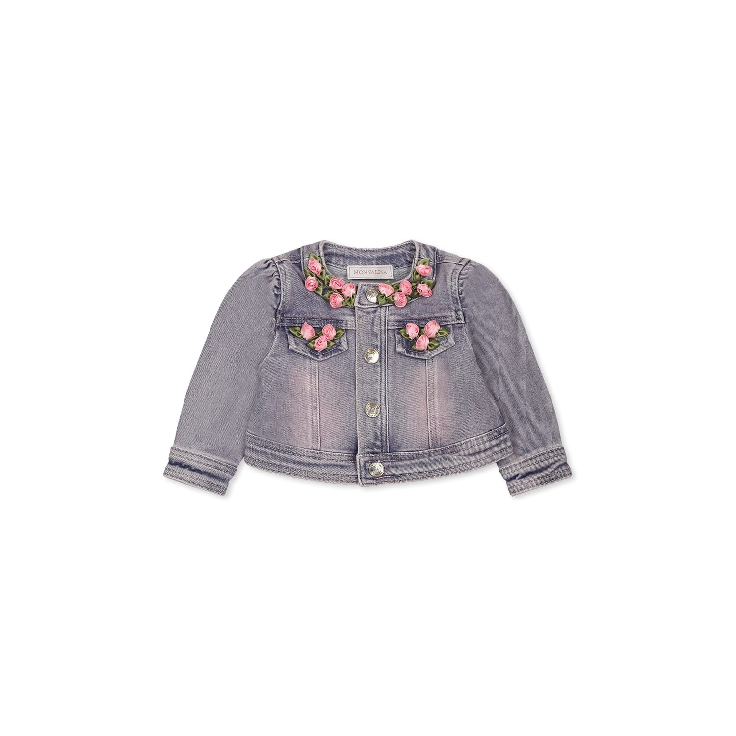 Monnalisa Denim Jacket For Baby Girl With Roses In Denim