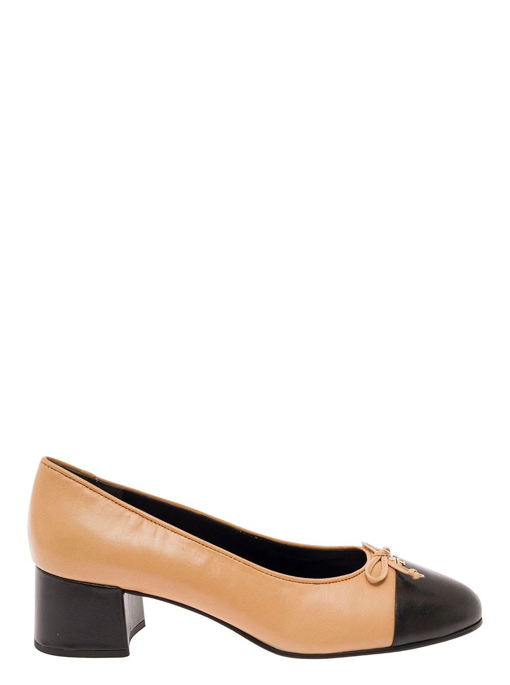 TORY BURCH BEIGE AND BLACK BALLET FLATS WITH BOW DETAIL AND BI-COLOR TOE IN SMOOTH LEATHER WOMAN