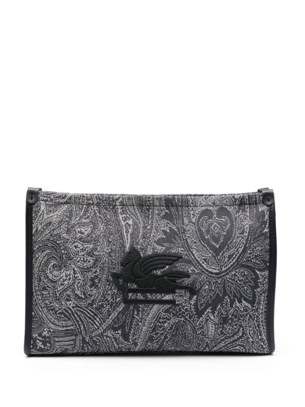 Etro Navy Blue Large Pouch With Paisley Jacquard Motif