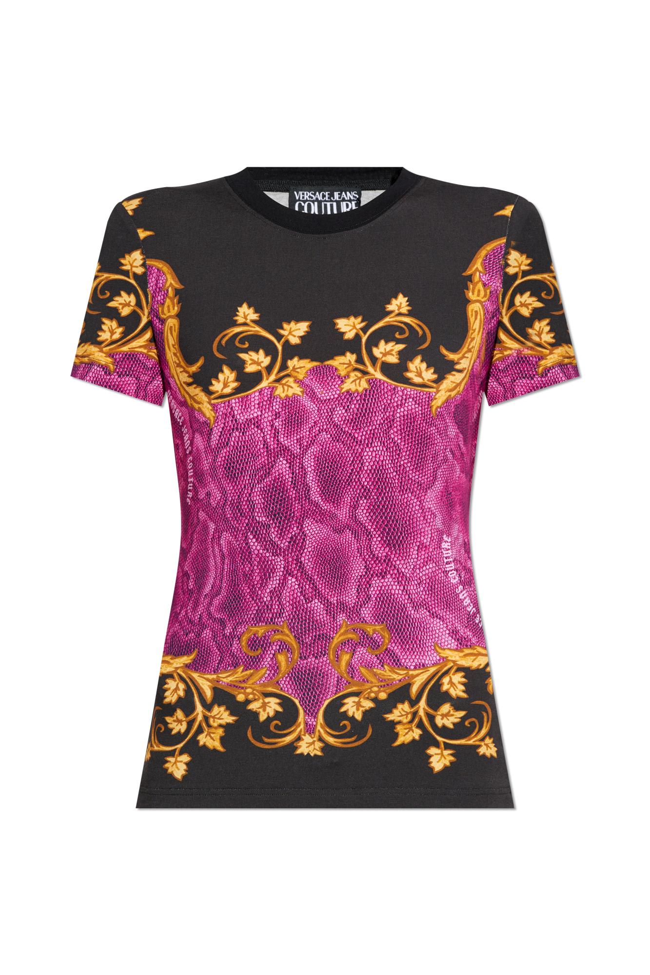 Shop Versace Jeans Couture T-shirt With Logo In Black, Gold, Raspberry