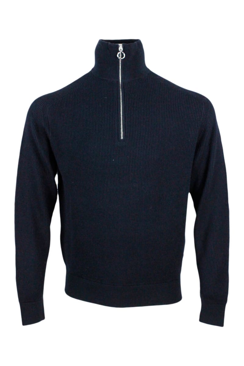 Armani Collezioni Turtleneck Sweater With Half Zip Made Of Half English Rib Cotton And Wool