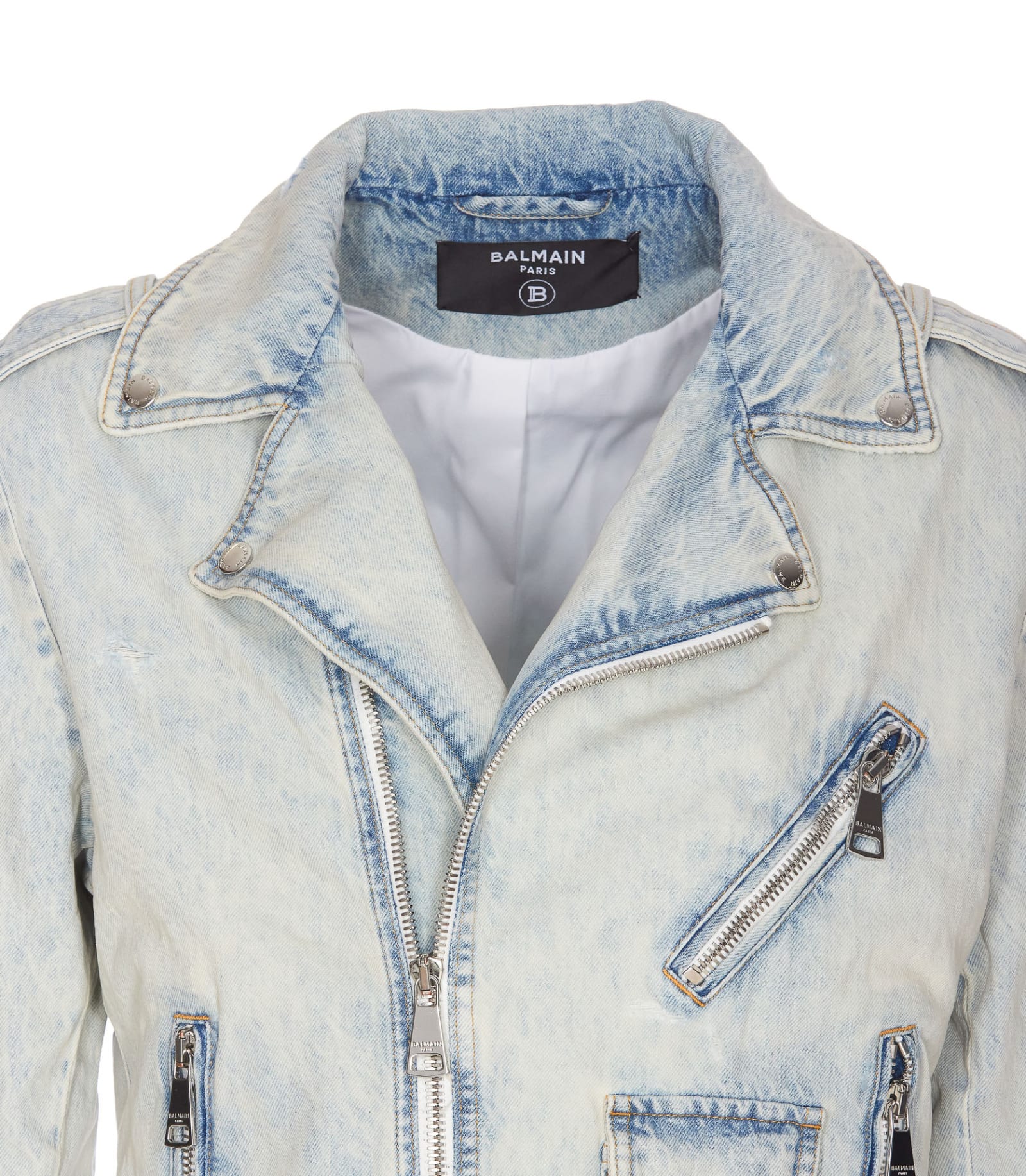 Shop Balmain Denim Biker Jacket In Blue