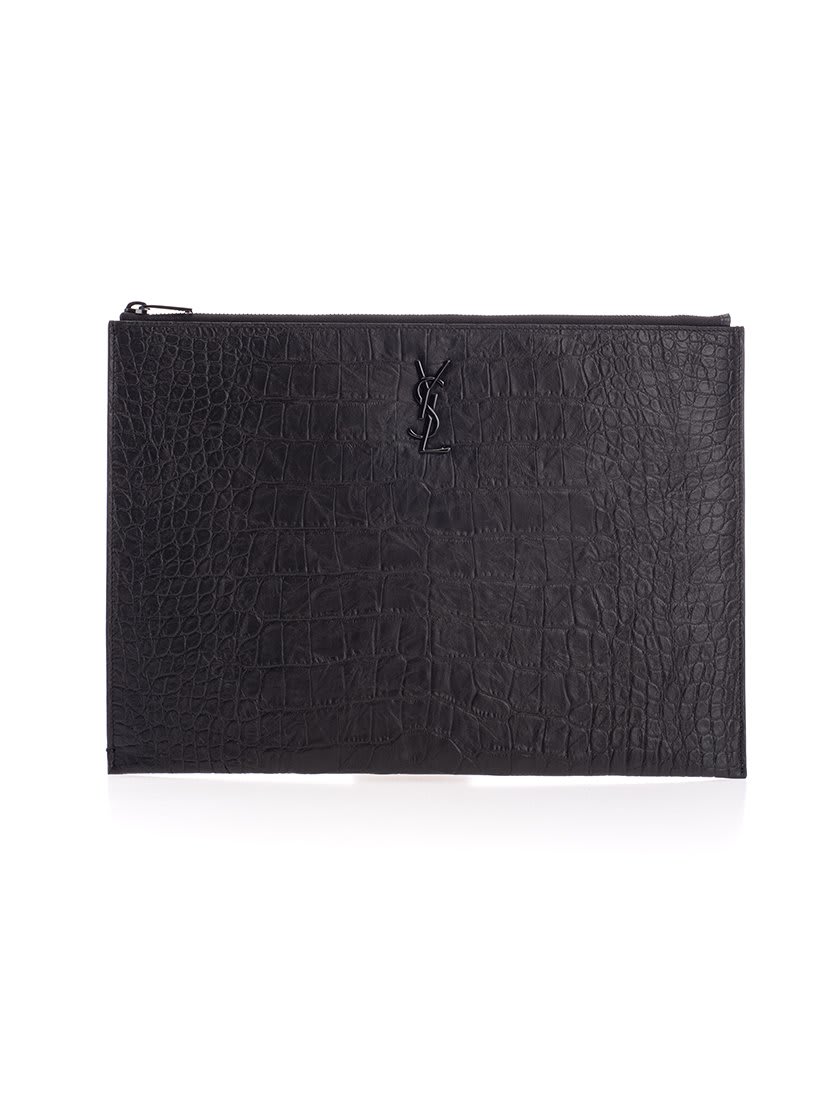 Shop Saint Laurent Logo Plaque Zip-up Clutch Bag In Black