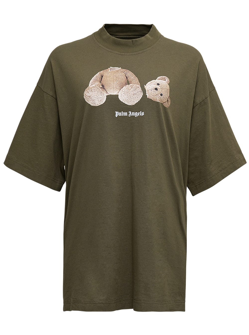 Palm Angels Military Green T-shirt With Front Bear Print