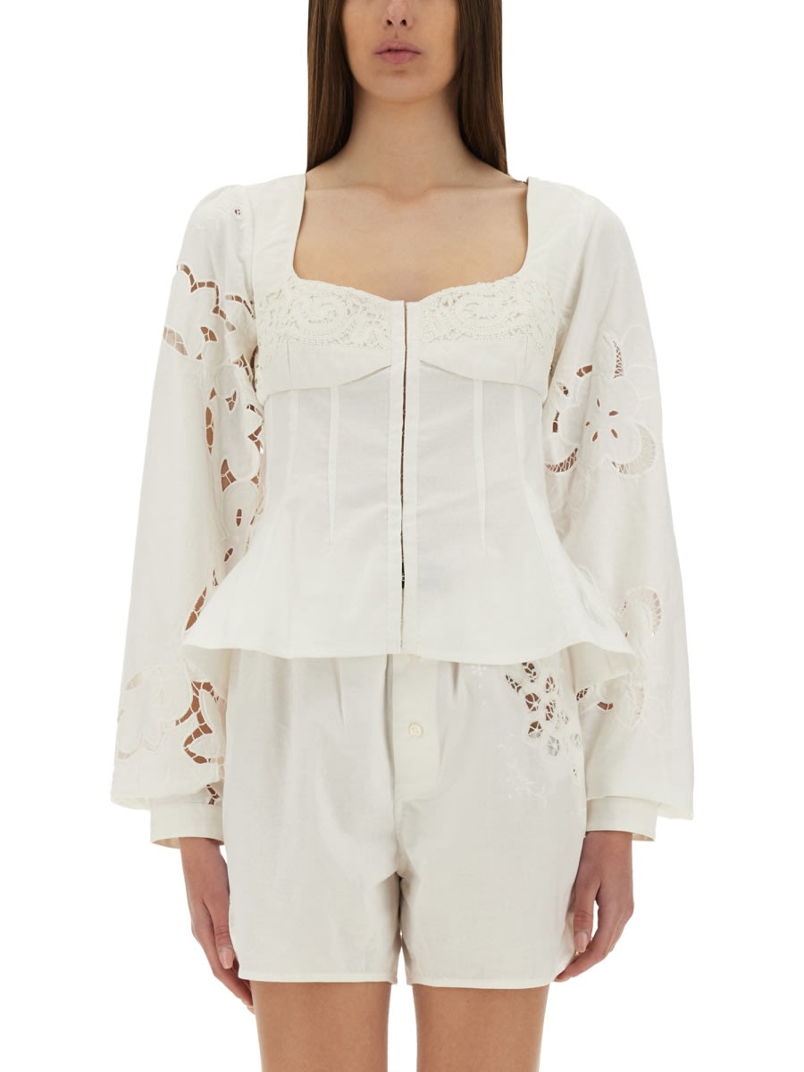 Marine Serre Fitted White Top With Square Neckline And Floral Embroidery
