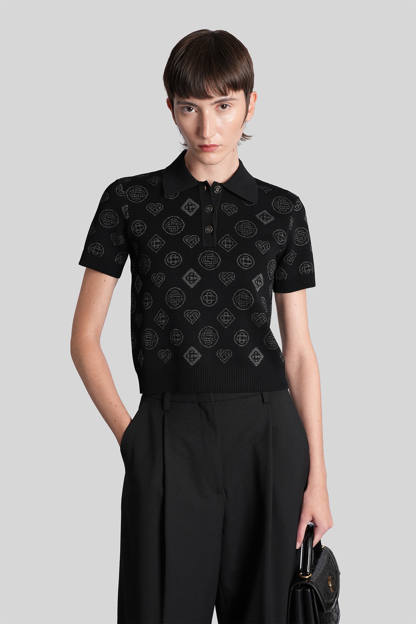 Casablanca Knitted Polo Shirt With Monogram Pattern In Black