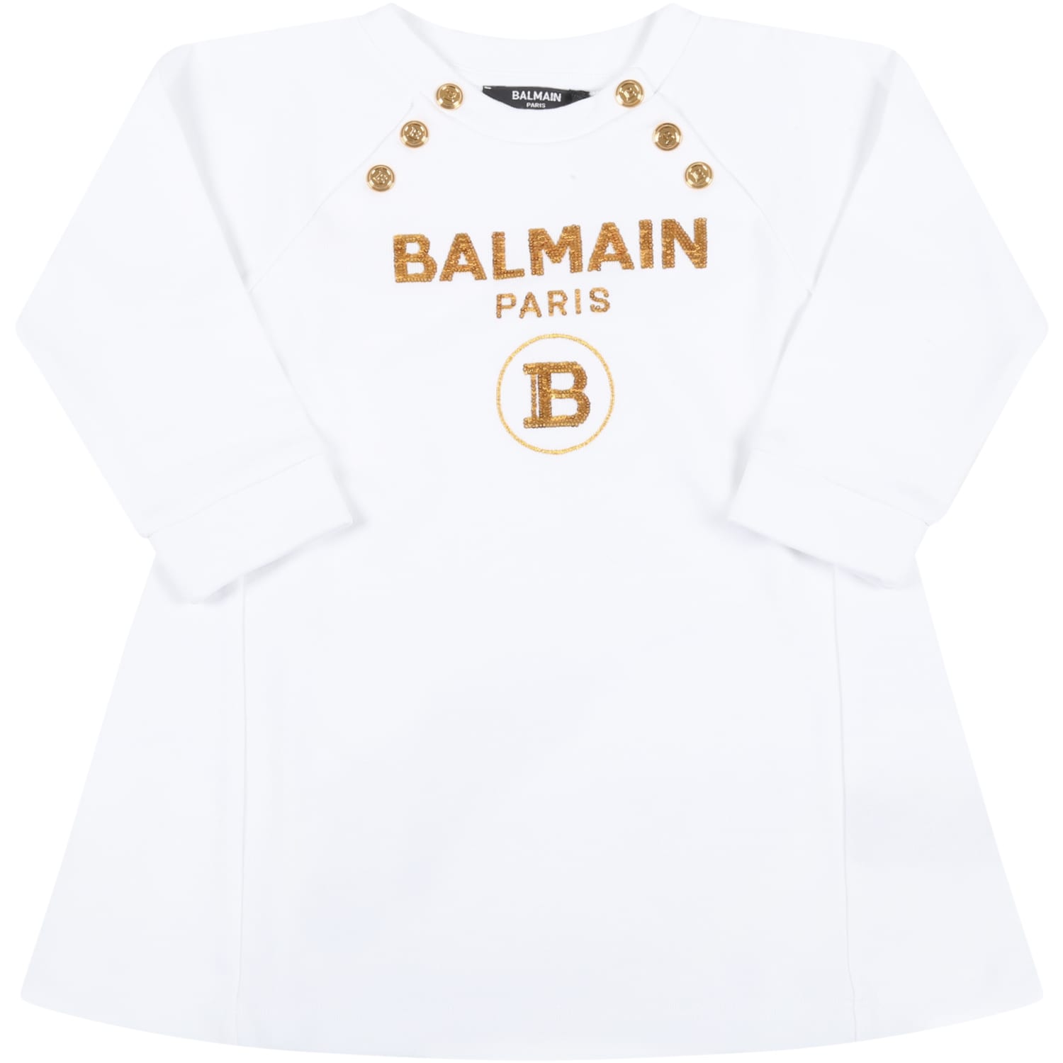 Balmain White Dress For Baby Girl With Gold Logo