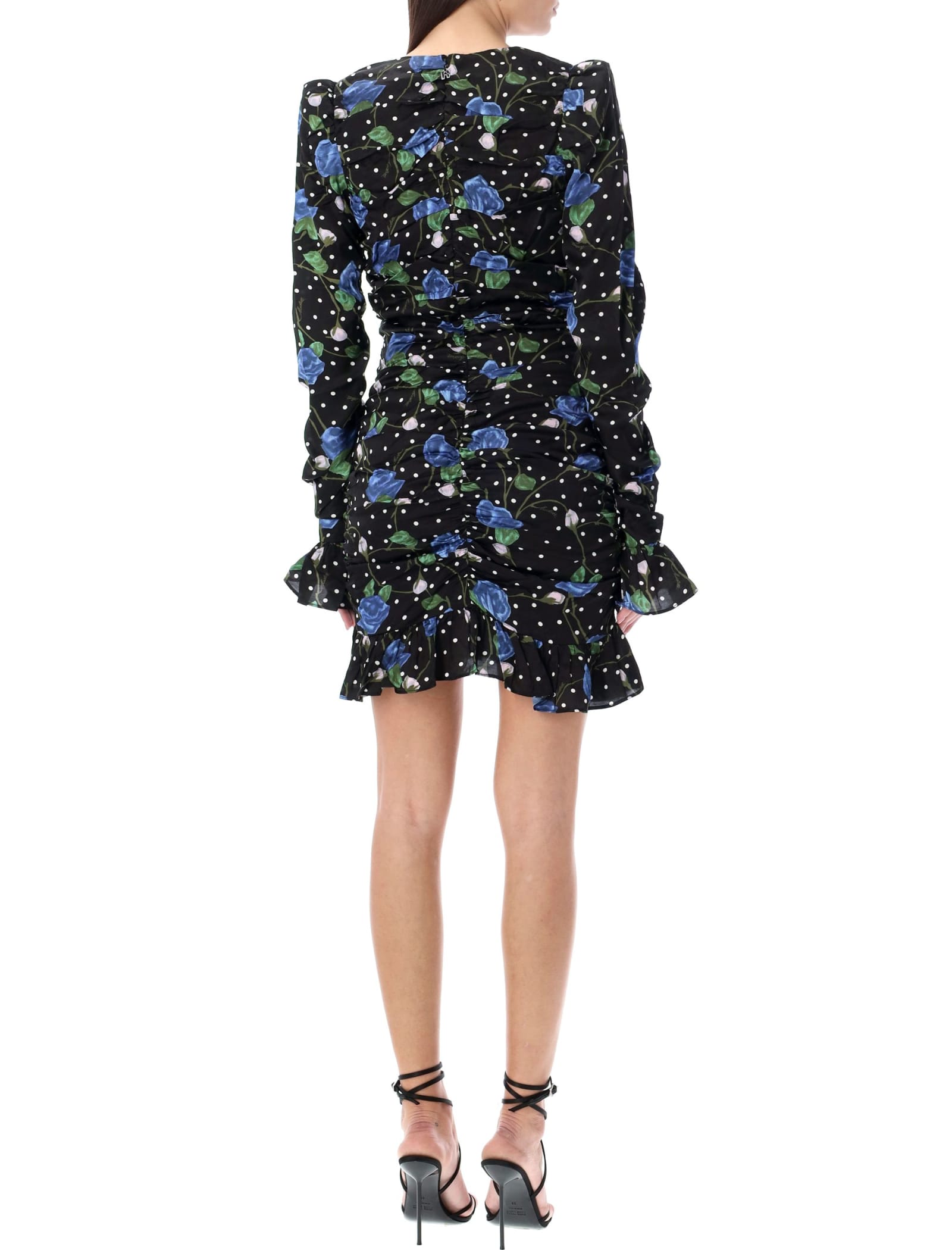 Shop Rotate Birger Christensen Satin Ruffle Mini Dress In Black Blue Flower