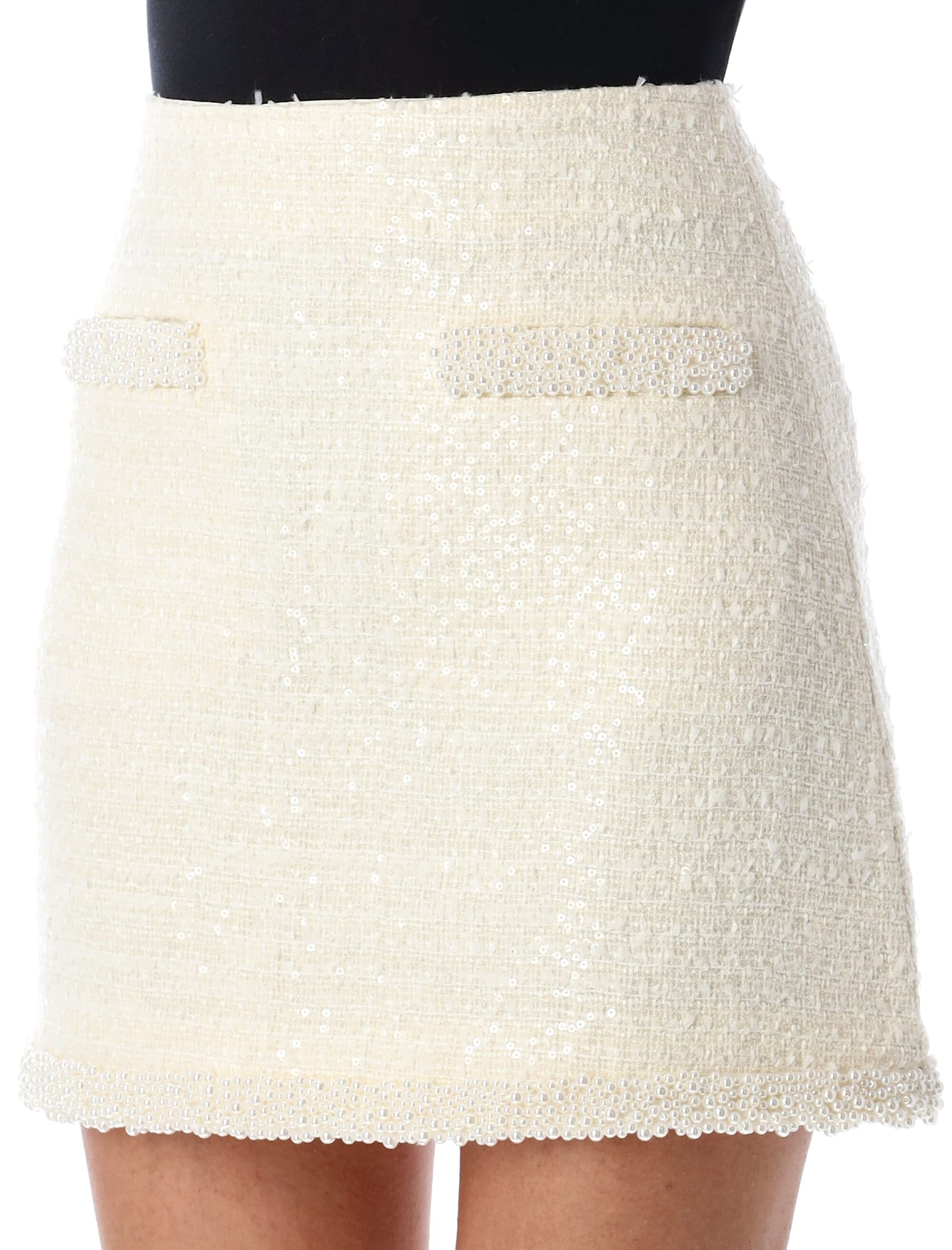 Self-portrait Bouclé Pearl Trim Mini Skirt In Cream