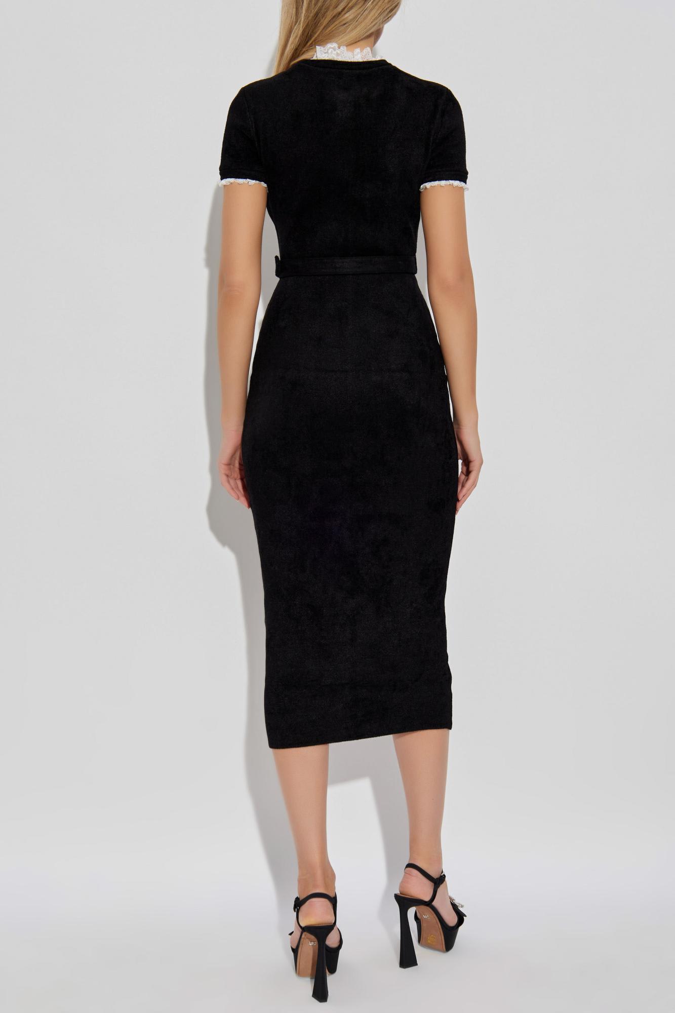 Self-portrait Womens Black Crystal-embellished Lace-trim Chenille-knit Midi Dress In Black