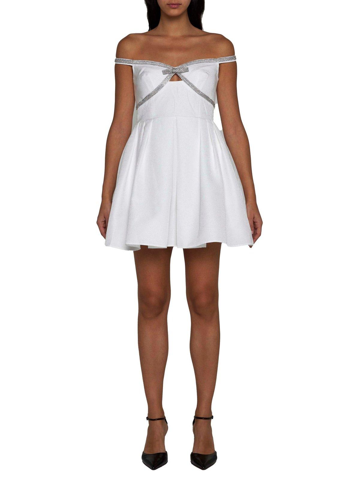 Shop Self-portrait Bow Detailed Off-shoulder Mini Dress In White