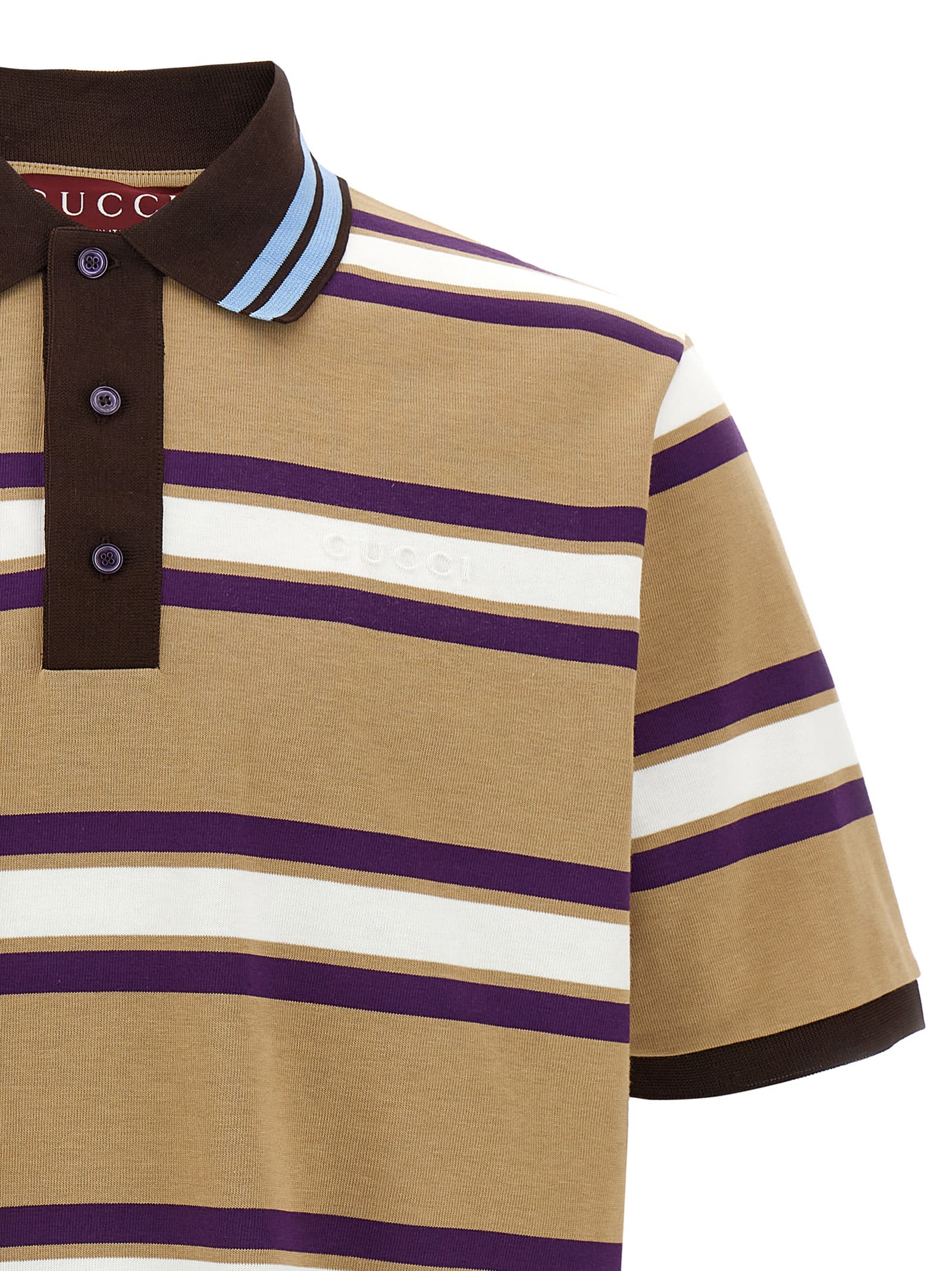 Gucci Beige Polo Shirt With Logo Imprinted On The Front And All-over Striped Motif In Cotton Man In Brown