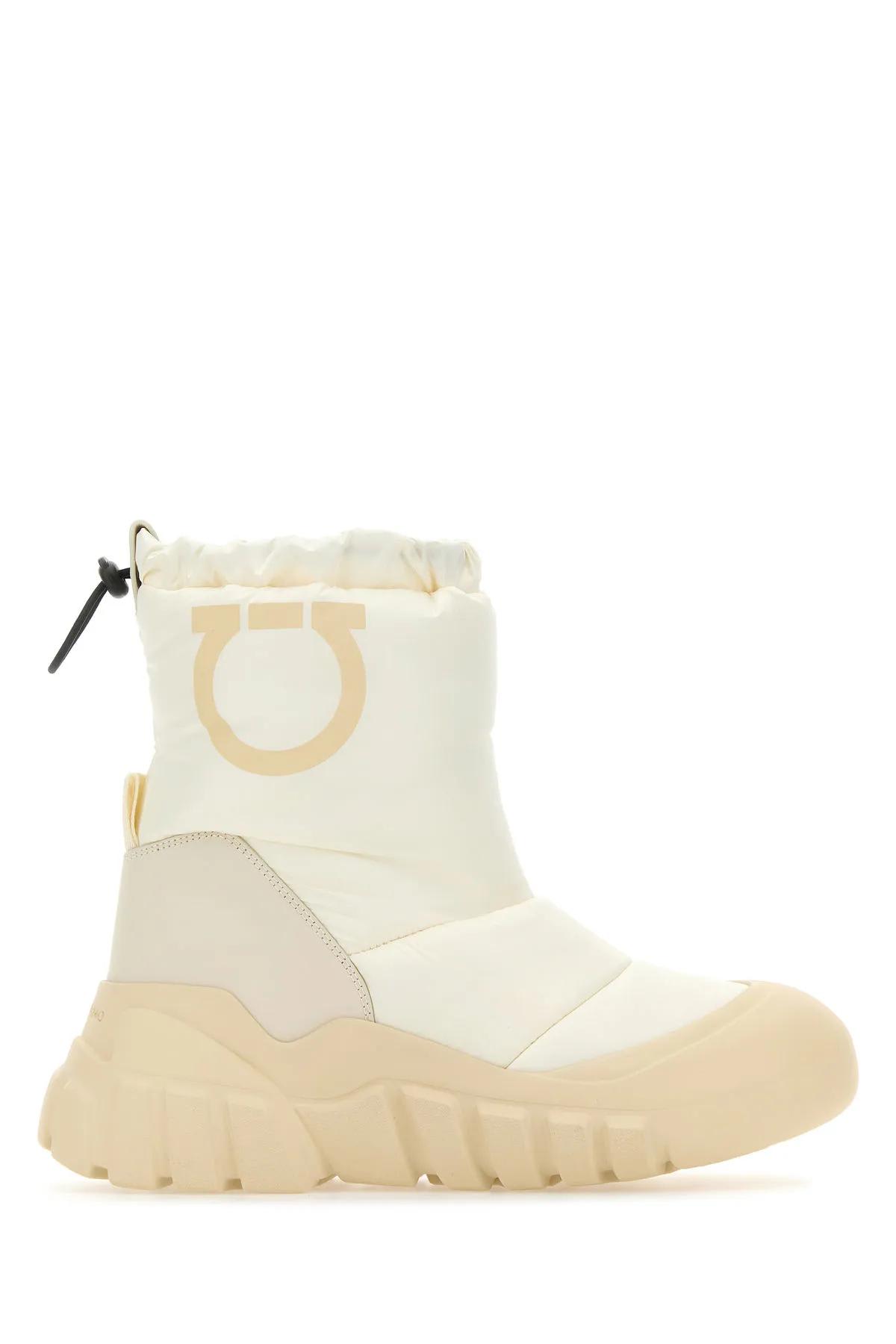 FERRAGAMO IVORY FABRIC AND RUBBER ANKLE BOOTS