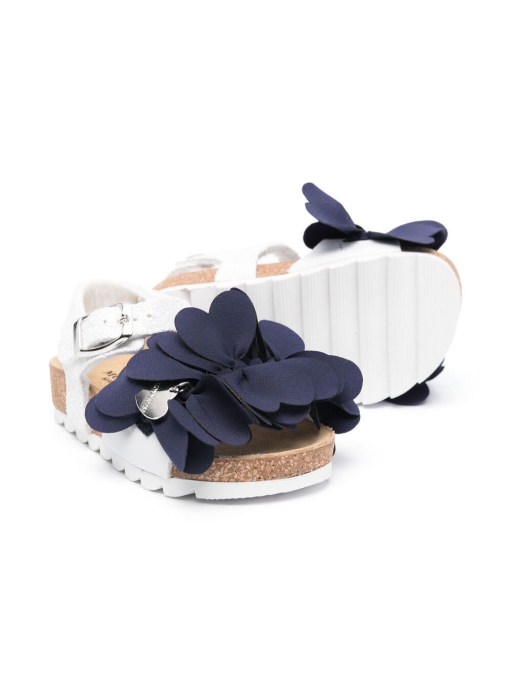Shop Monnalisa White And Blue Sandals With Heart Shaped Petals And Glitters In Tech Fabric Girl In Multicolor