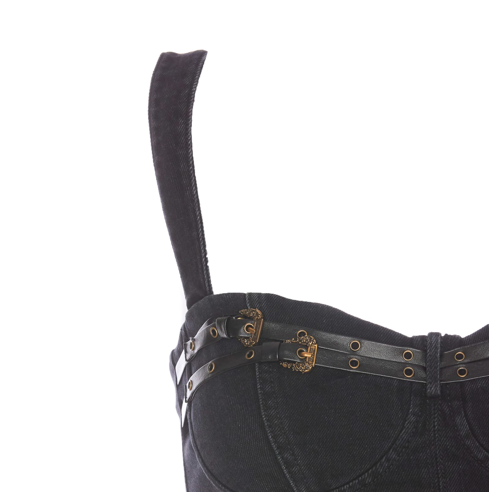 Versace Jeans Couture Baroque Buckle Denim Top With Heart Neck In Black