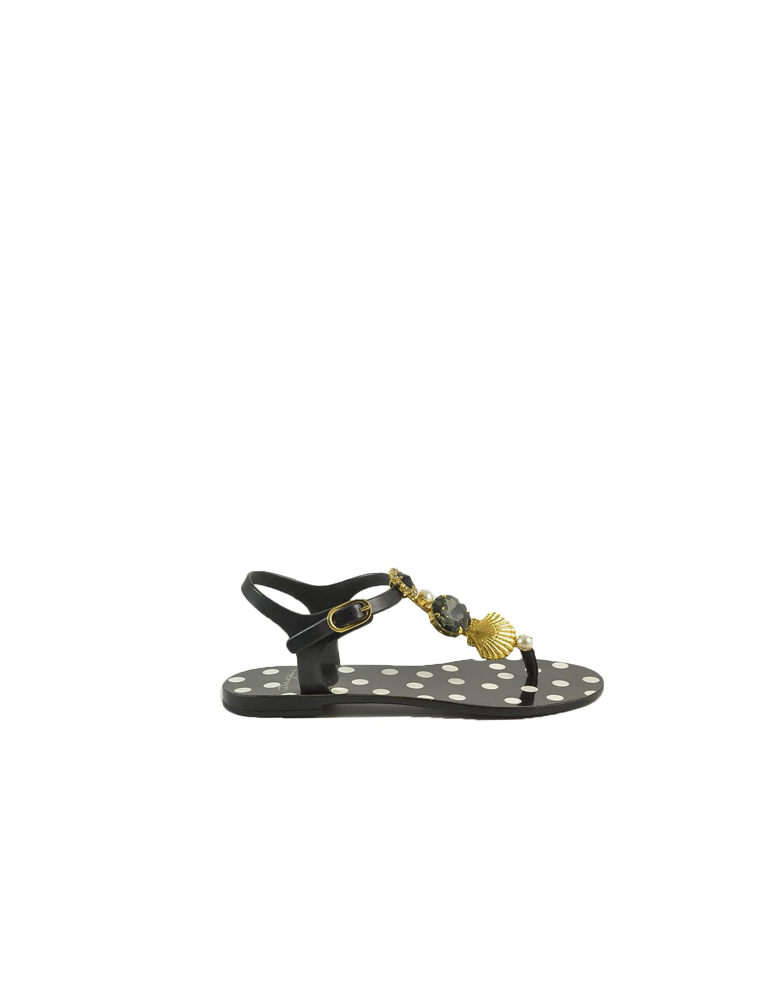 Dolce & Gabbana Black & White Thong Sandals W/shell And Crystals