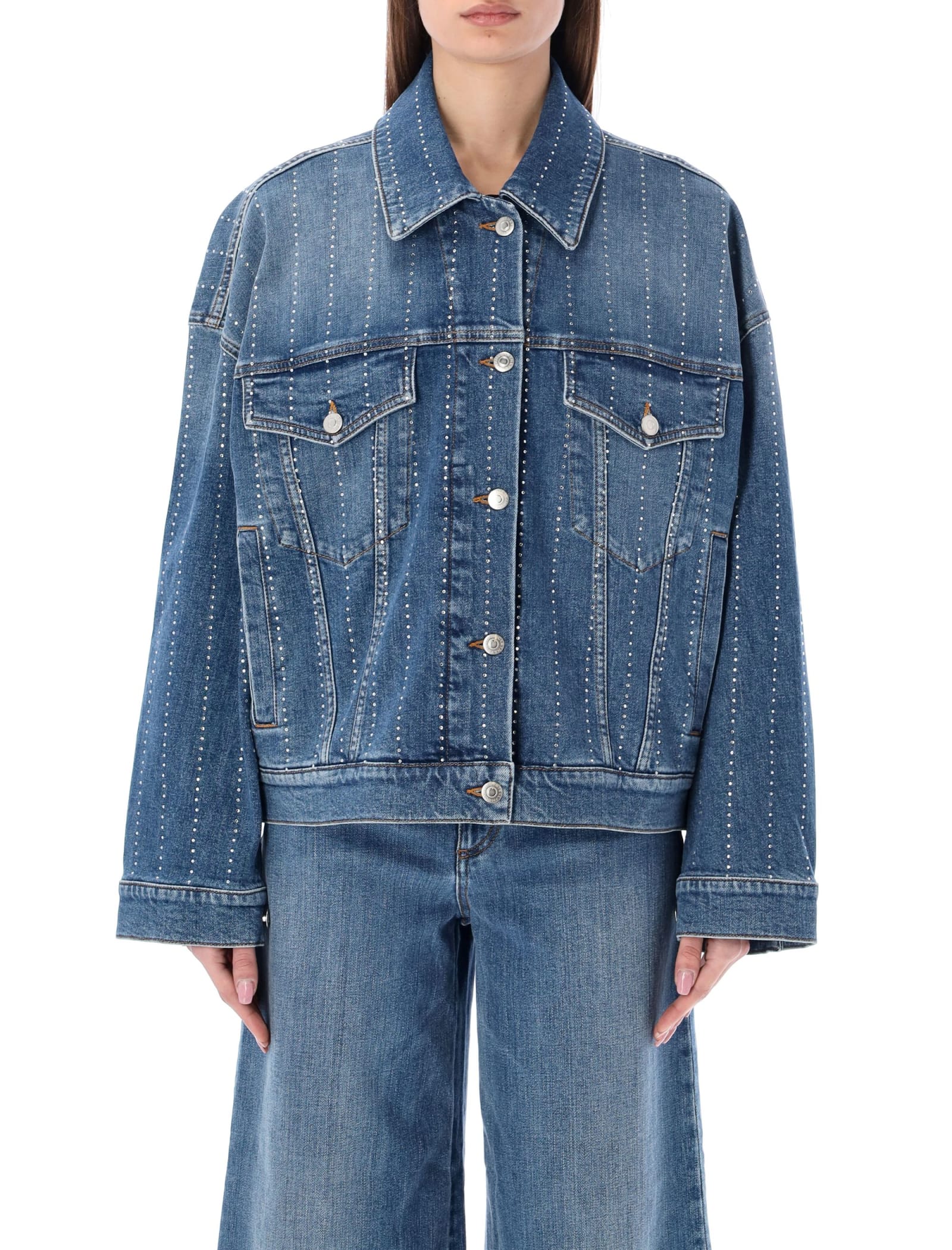 Stella Mccartney Vintage Dark Diamante Striped Hotfix Oversized Denim Jacket In Vintage Dark