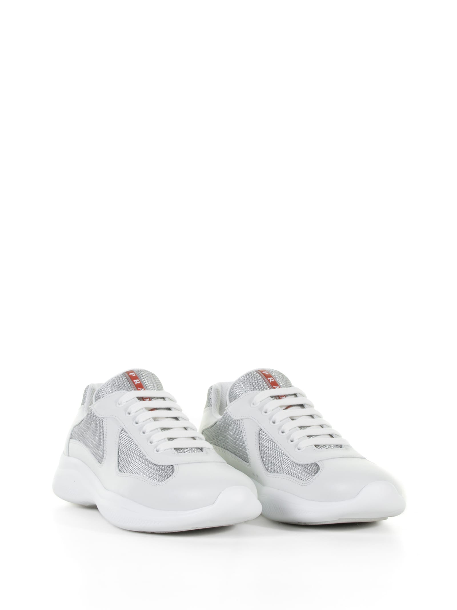 Prada Two-tone Leather And Fabric America S Cup Sneakers In Bianco/argento