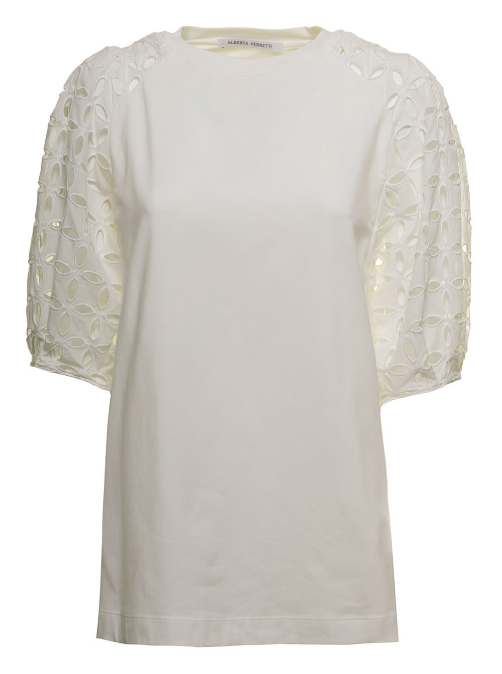 Alberta Ferretti White Cotton T-shirt With Sangallo Short Sleeves