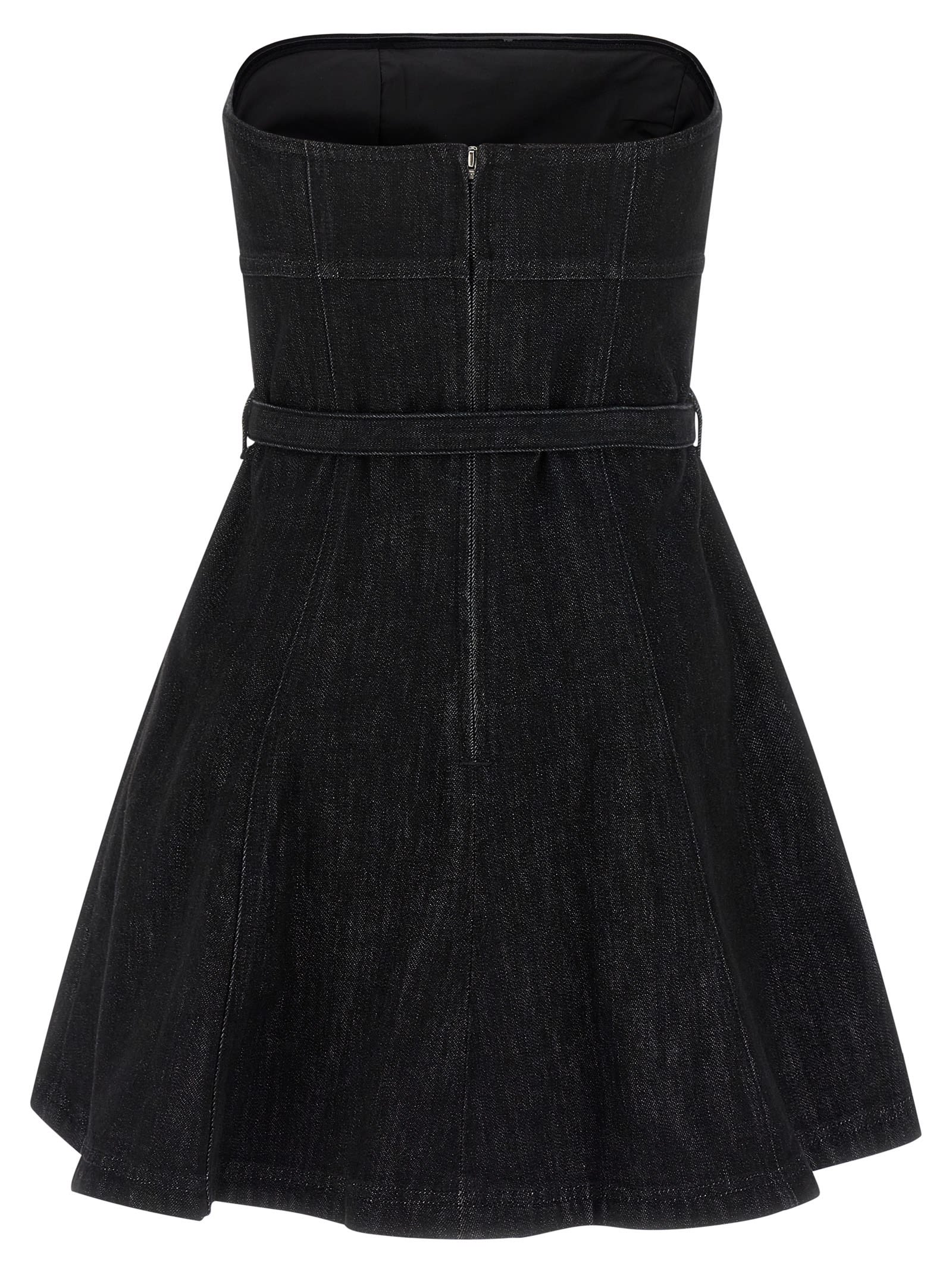 Self-portrait Strapless Black Cotton Denim Mini Dress With Jewel Button Detail In Black