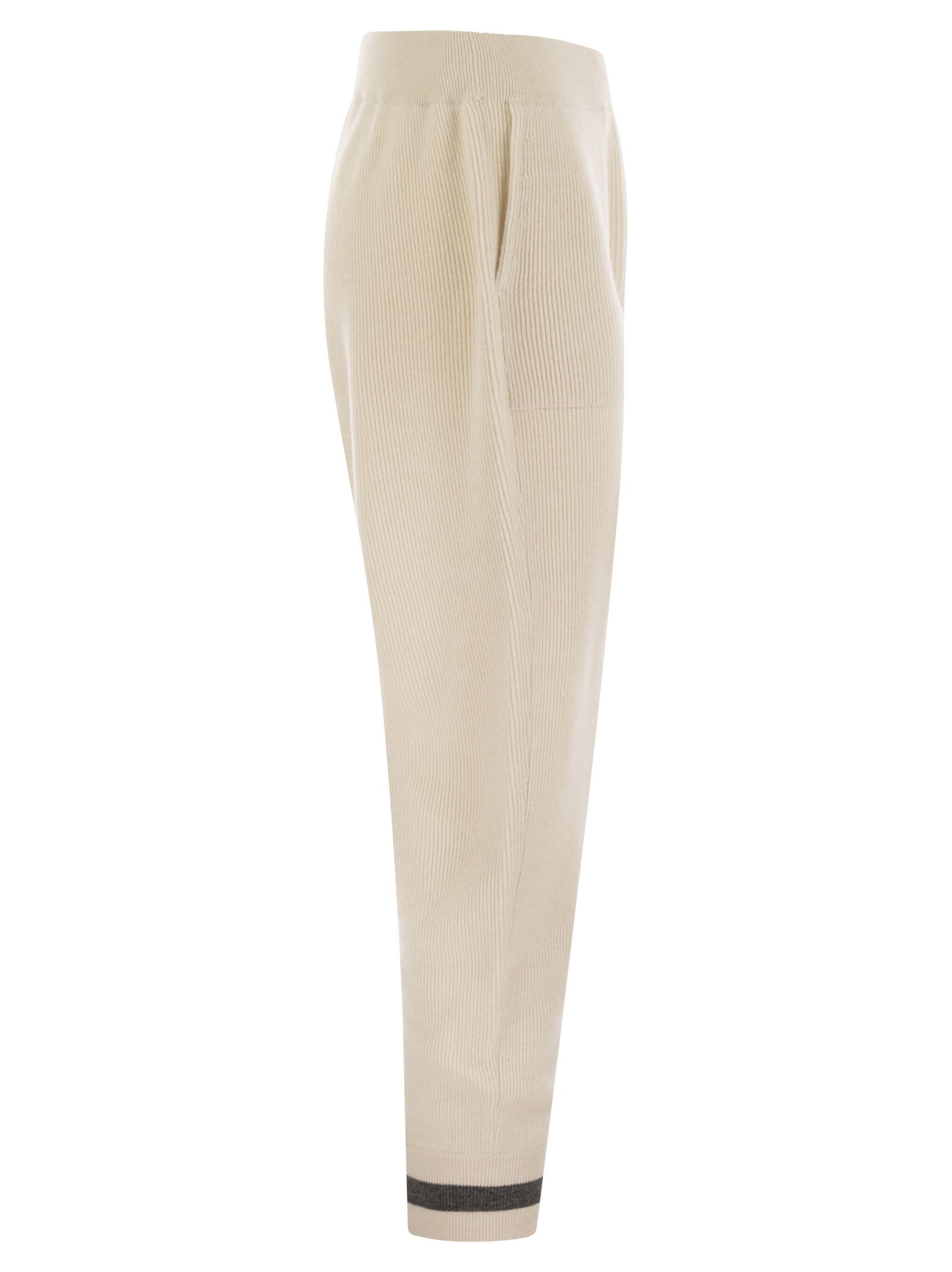 Shop Brunello Cucinelli English Rib Cashmere Knit Trousers In Butter