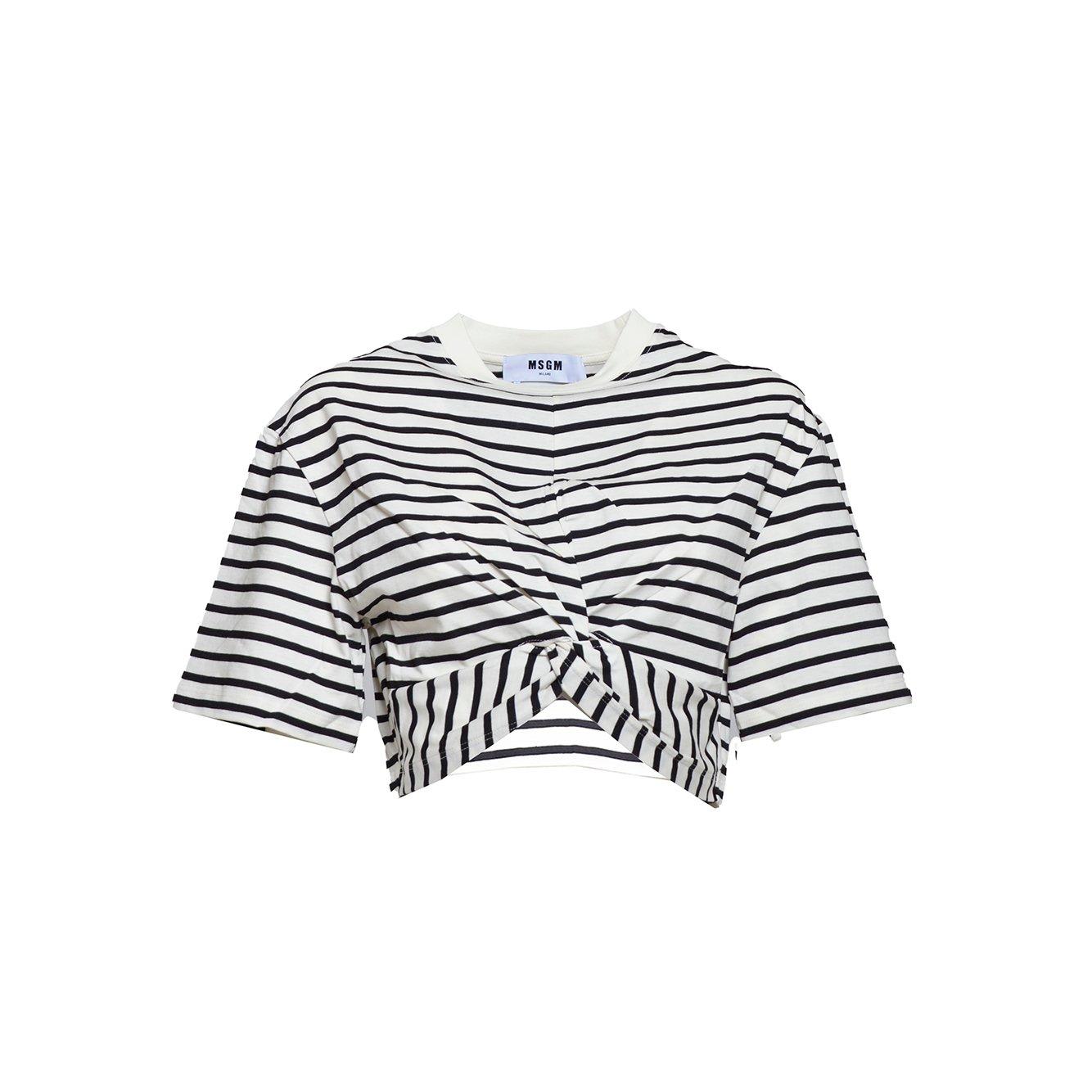Shop Msgm Twist-detailed Striped Cropped T-shirt In Nero