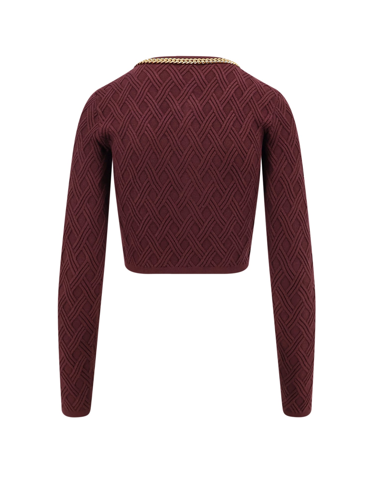 Elisabetta Franchi Cardigan In Maglia A Rombi Con Dettaglio Gioiello Bordeaux In Burgundy