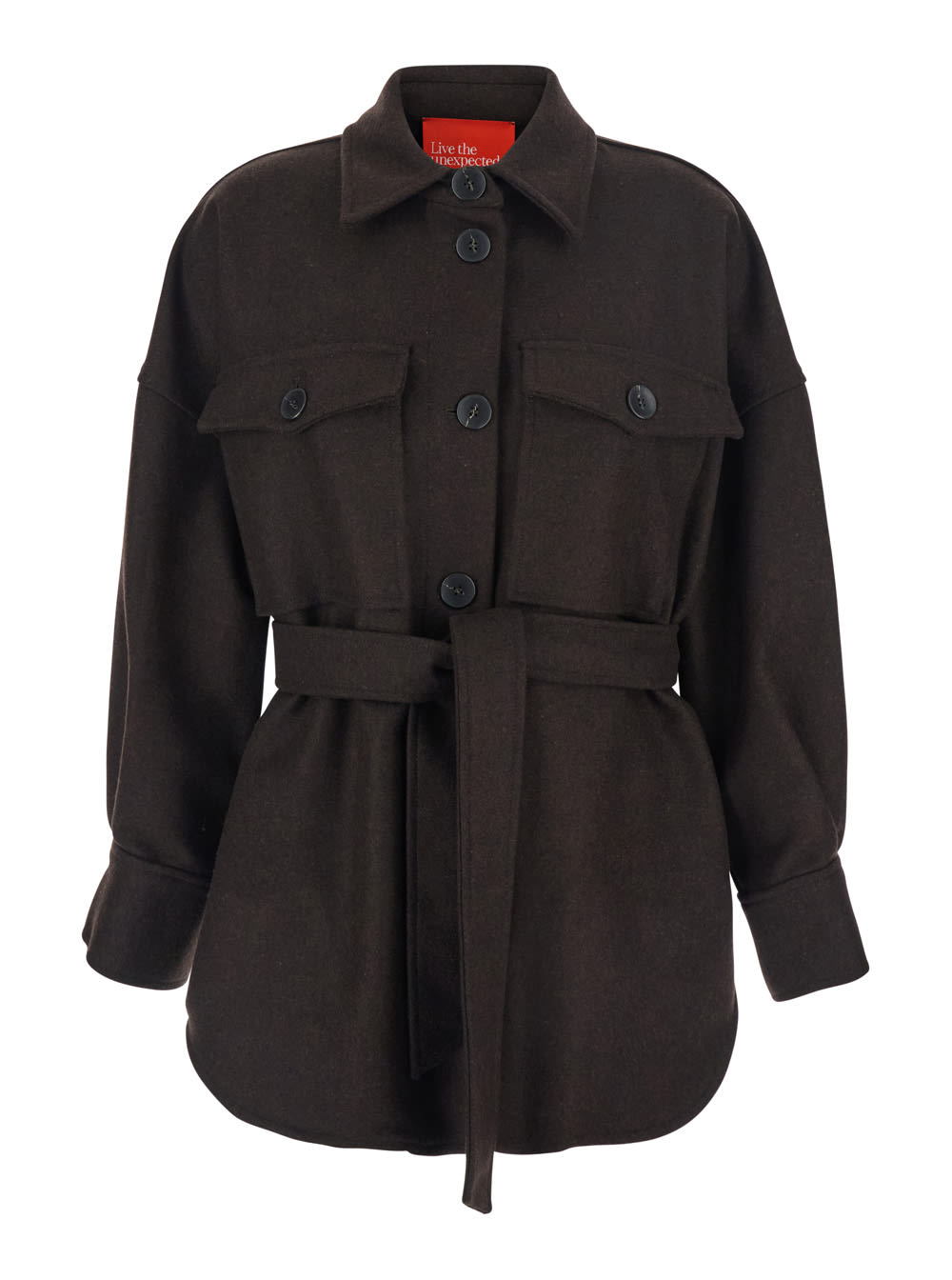 Merci Brown Overshirt With Classic Collar And Belt In Wool Blend Woman