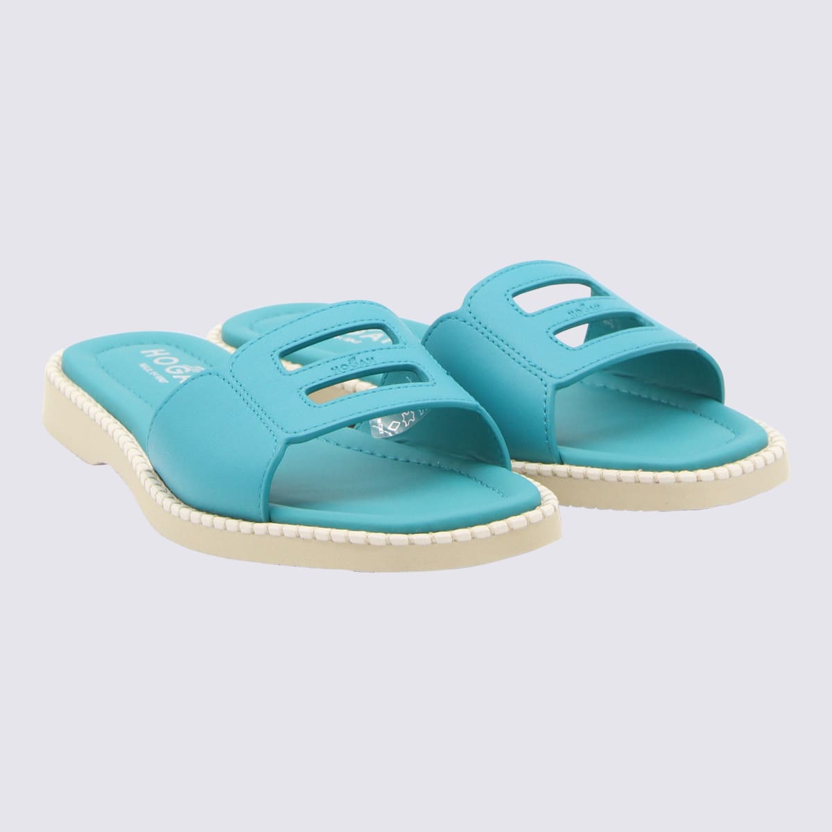 Shop Hogan Turquoise Leather H638 Flat Sandals