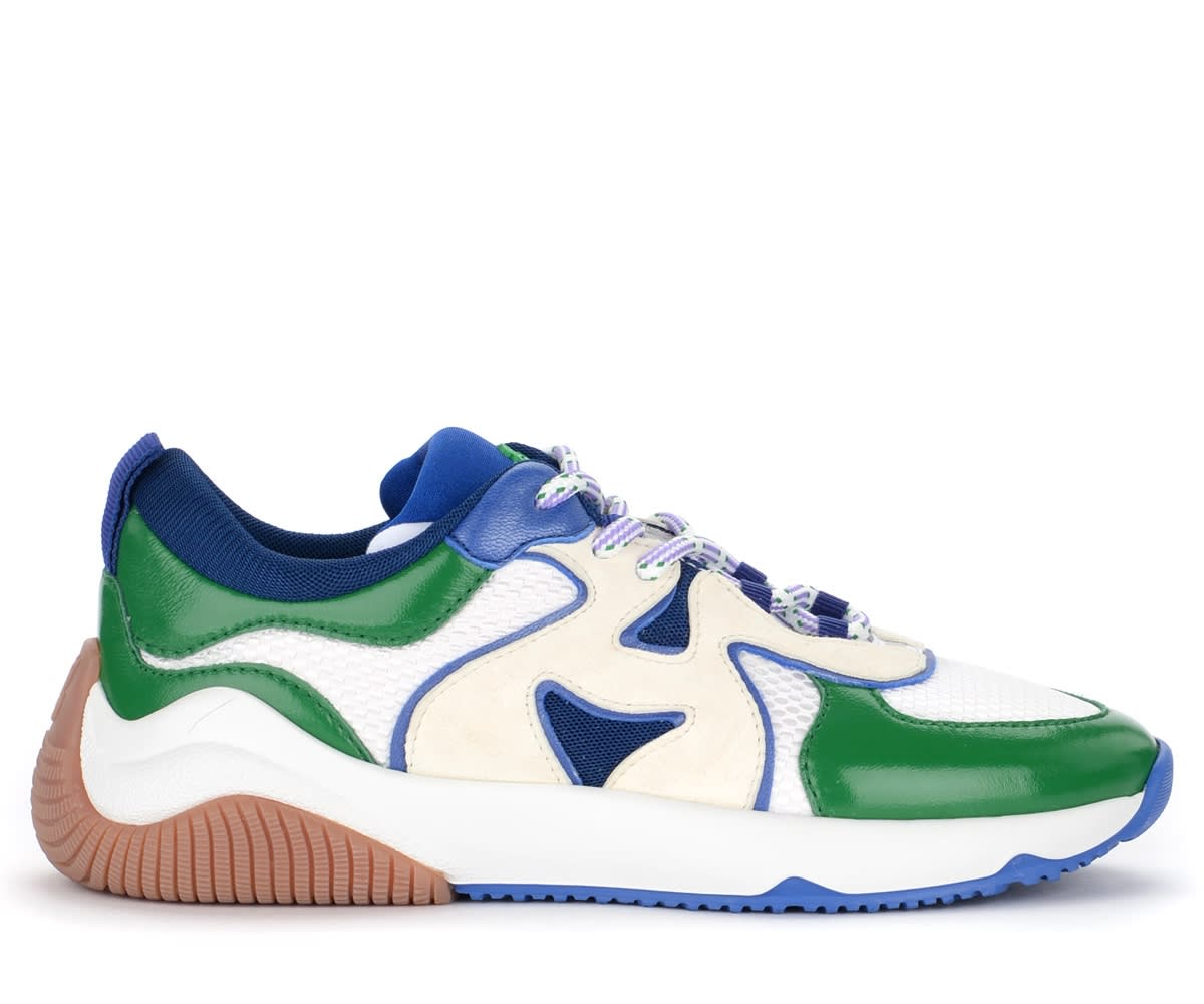 Hogan H597 Sneaker In White Green And Blue Leather And Mesh