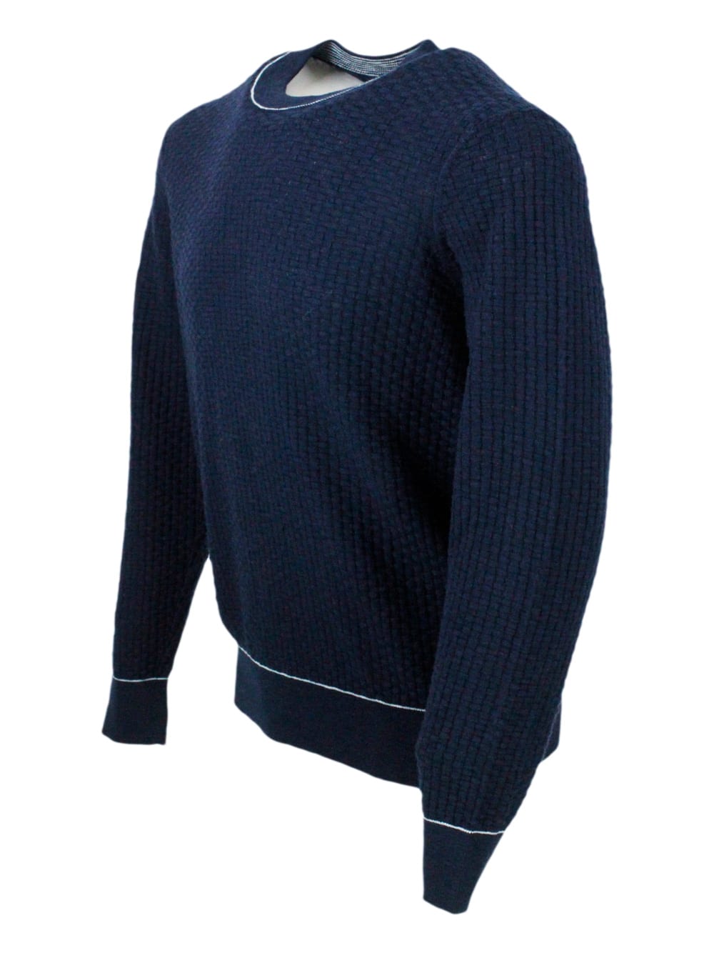 Shop Armani Collezioni Crew-neck And Long-sleeved Sweater In Cotton And Linen With Honeycomb Workmanship. In Blu