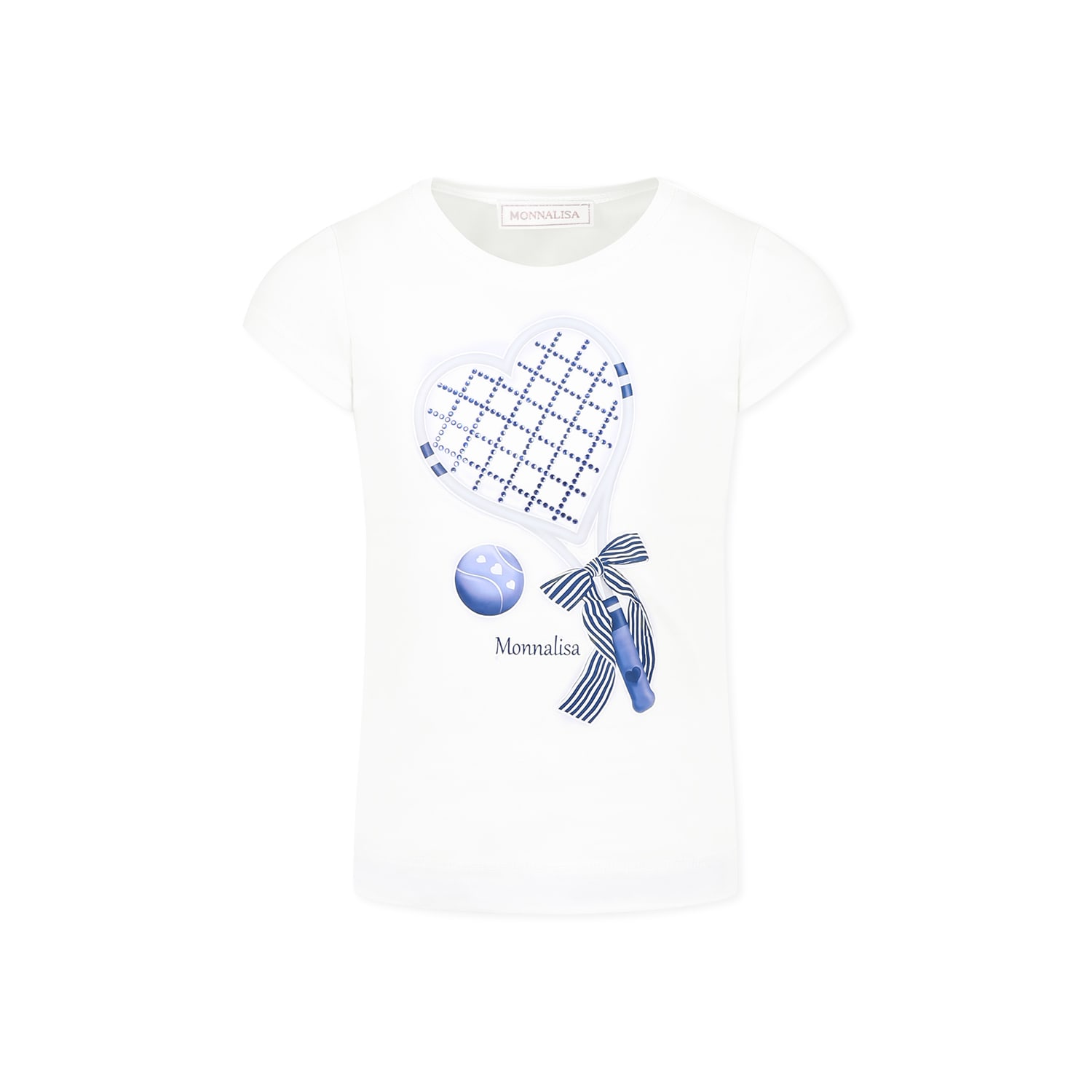 Monnalisa Embellished Racket Print T-shirt In White