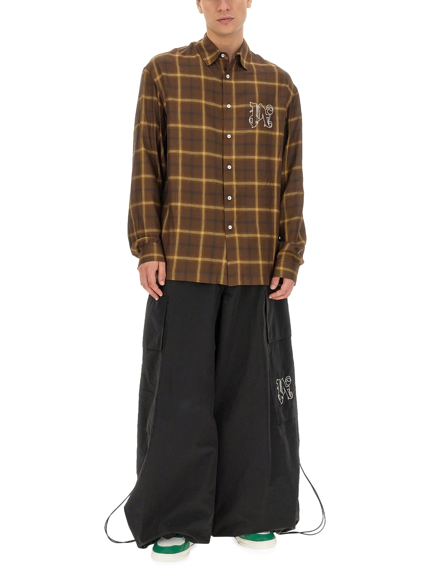 Palm Angels Camicia A Maniche Lunghe Con Monogram In Brown