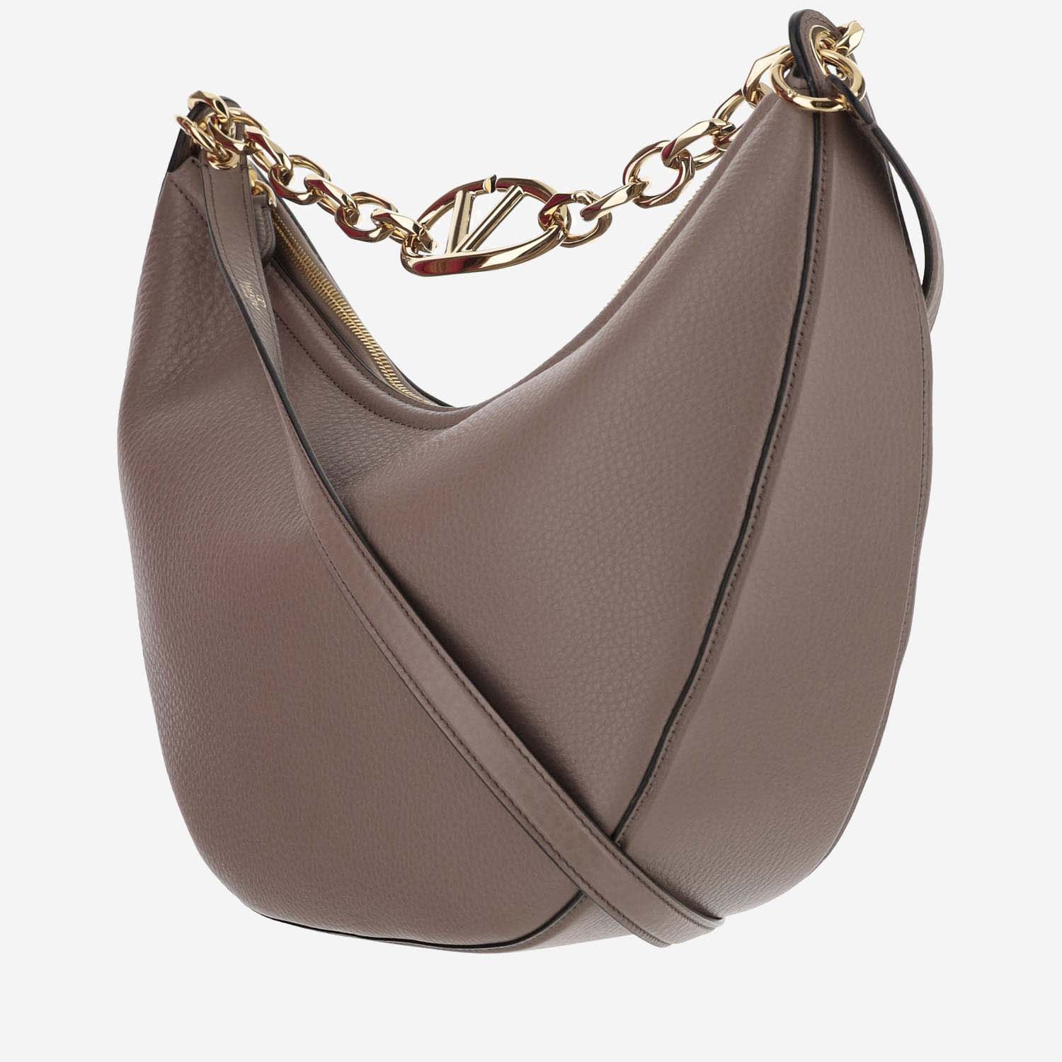 Shop Valentino Vlogo Moon Bag Medium Hobo In Garnet Calfskin With Chain In Brown