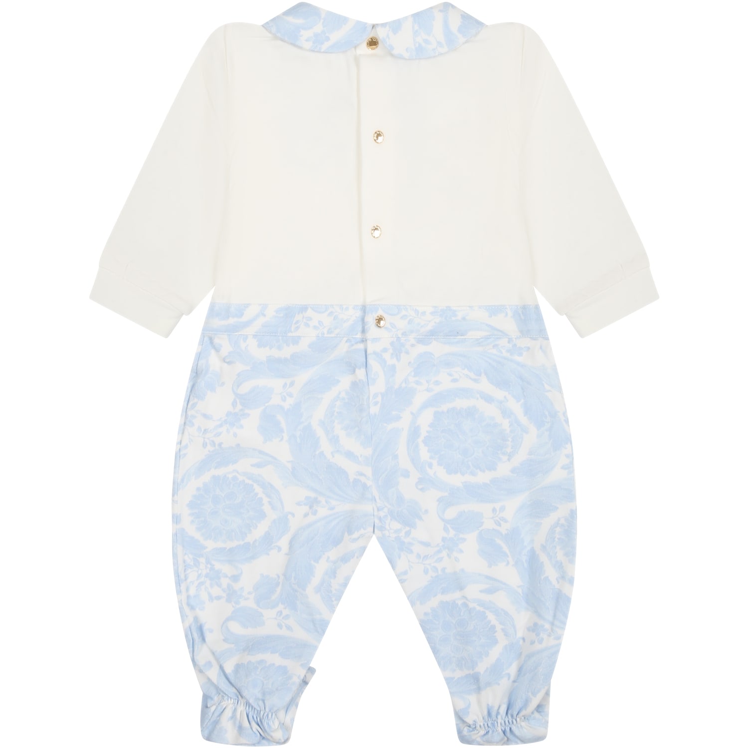 Shop Versace Light Blue Baby Jumpsuit With Baroque Print