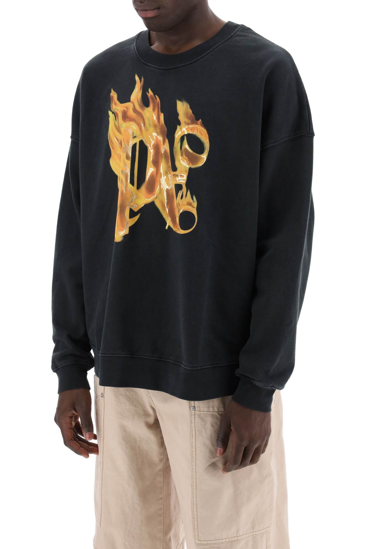 Shop Palm Angels Burning Monogram Crewneck In Black Gold (black)