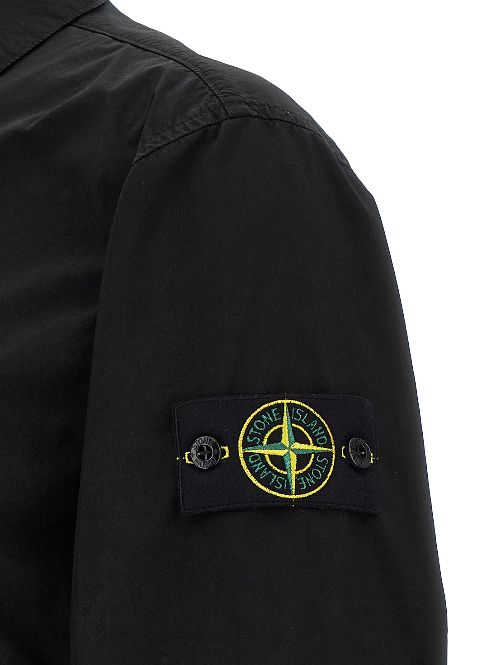 Stone Island Blue Jacket With Classic Collar And Logo Patch On The Sleeve In Tech Fabric Man In Black