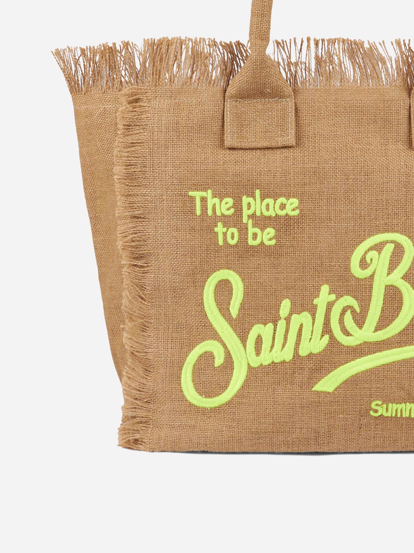 Mc2 Saint Barth Vanity Natural Jute Shoulder Bag With Embroidered Logo In White