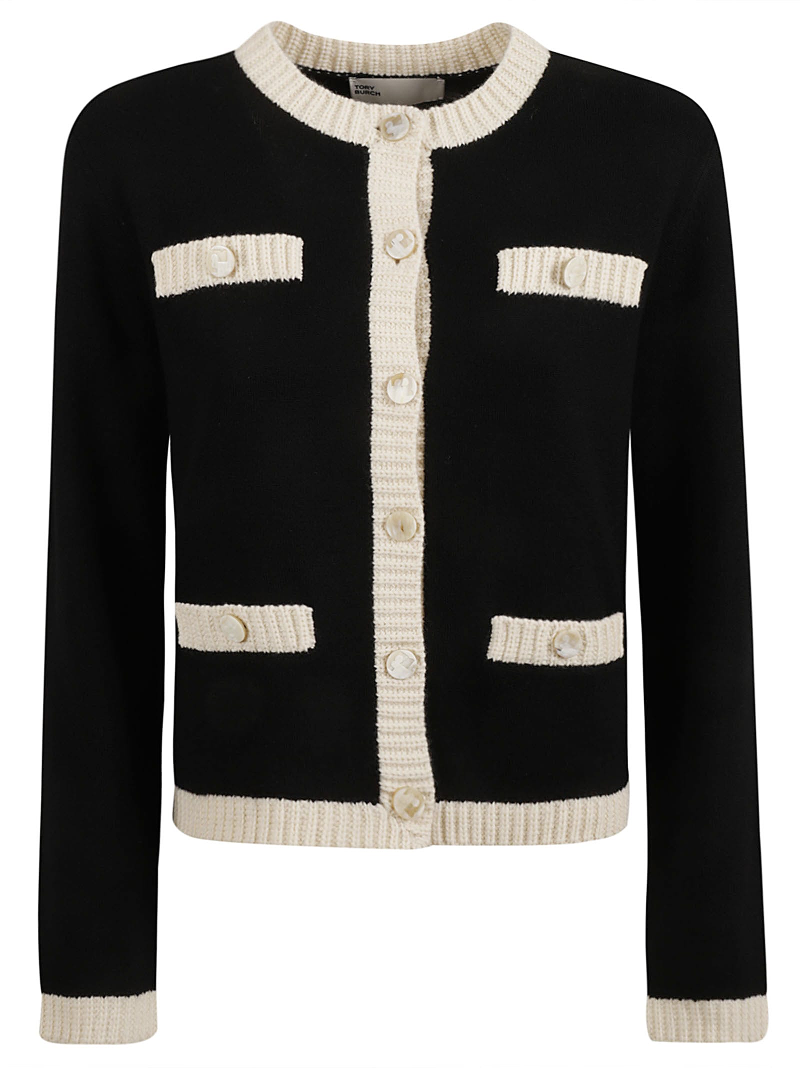 Shop Tory Burch Kendra Chunky Trim Cardigan In Black/french Cream